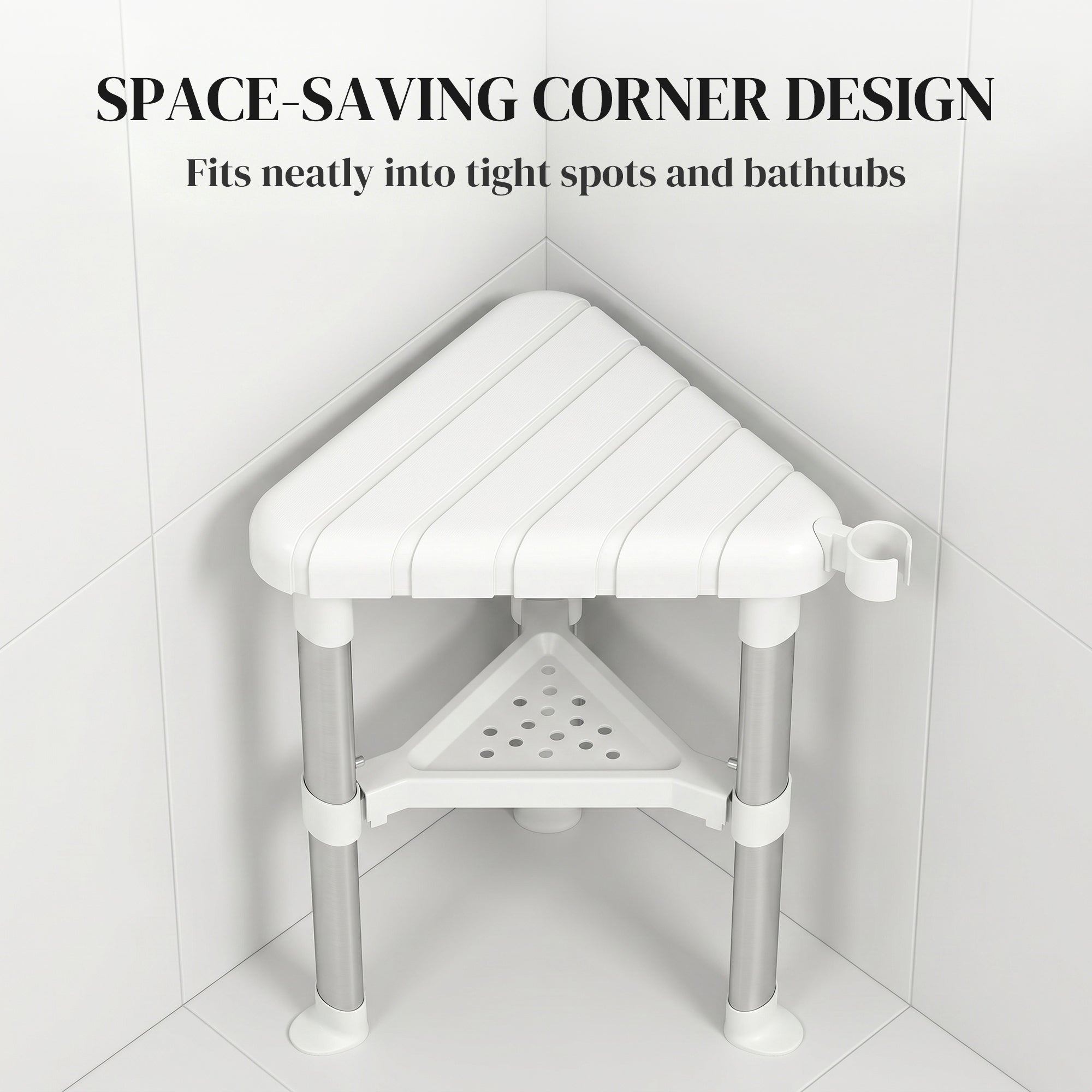HOMCOM Shower Stool, Aluminium Alloy Corner Shower Chair with Storage Shelf and HDPE Seat, Adjustable Height, White