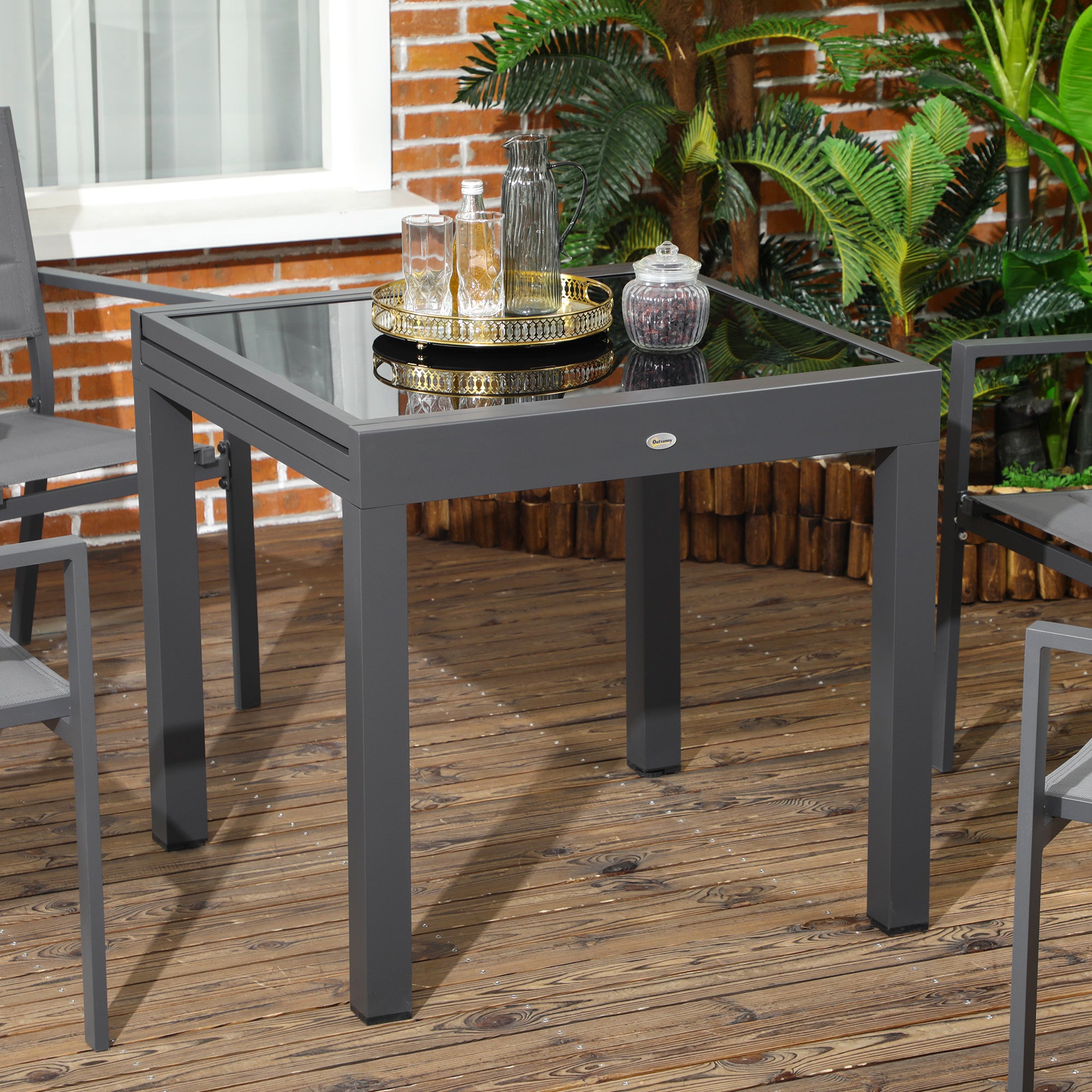 Outsunny Extending Garden Table, Outdoor Dining Table with Aluminium Frame and Tempered Glass Tabletop, 80/160 x 80 x 75 cm, Black - North Peak Garden Furniture