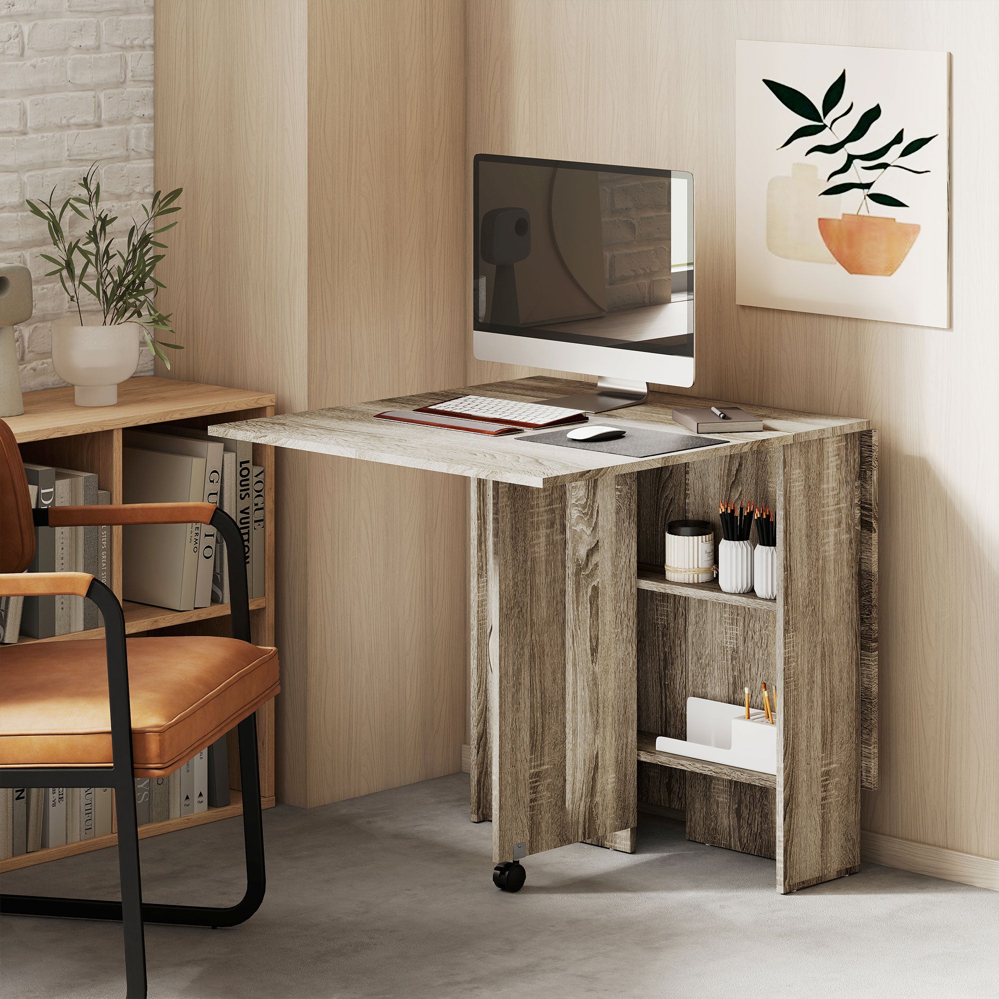 HOMCOM Folding Dining Table, Drop Leaf Table for Small Spaces with 2-tier Shelves, Small Kitchen Table with Rolling Casters, Grey