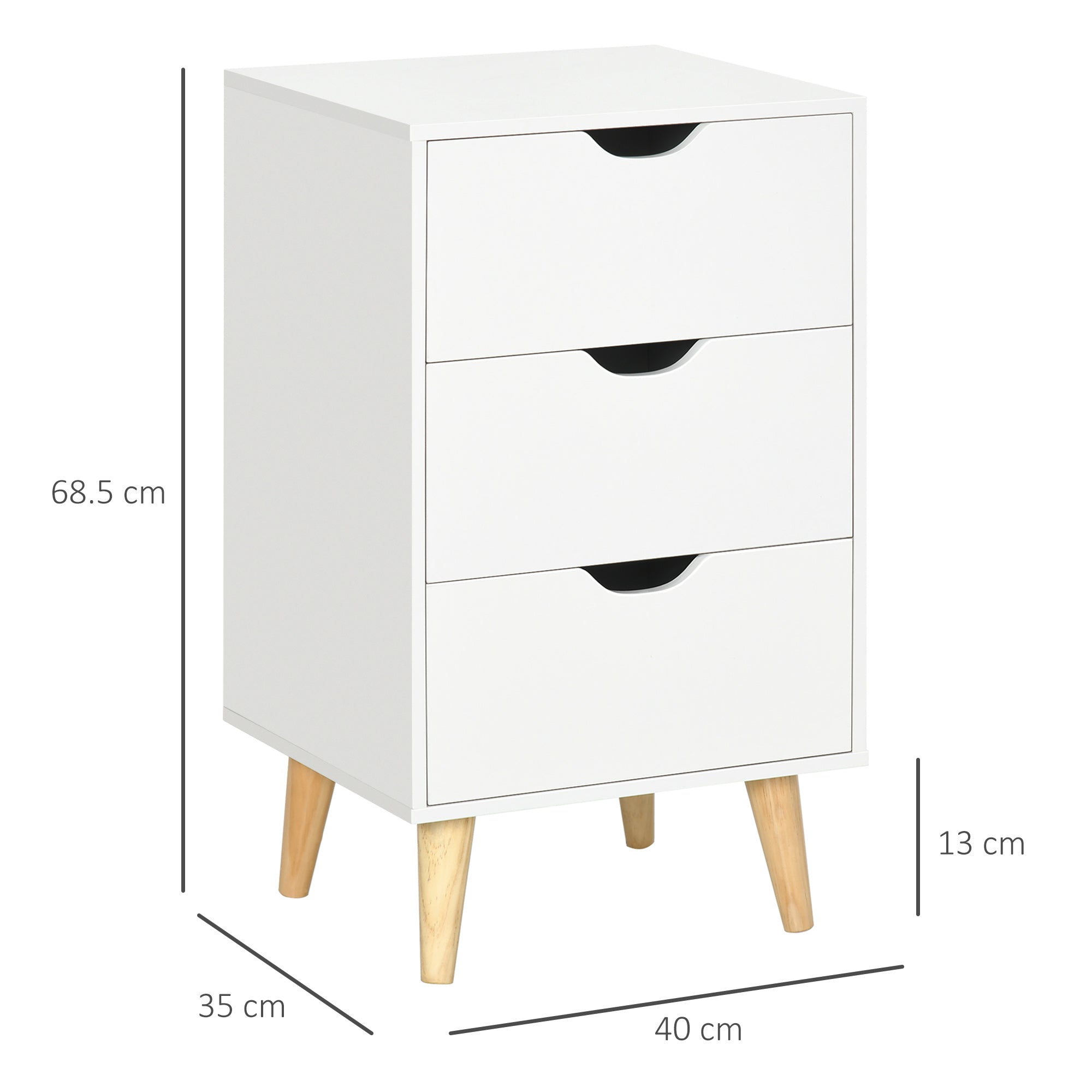 HOMCOM Bedside Table, Bedside Cabinet with 3 Drawers, Small Side Table with Wood Legs and Cut-out Handles for Bedroom, White - North Peak Garden Furniture