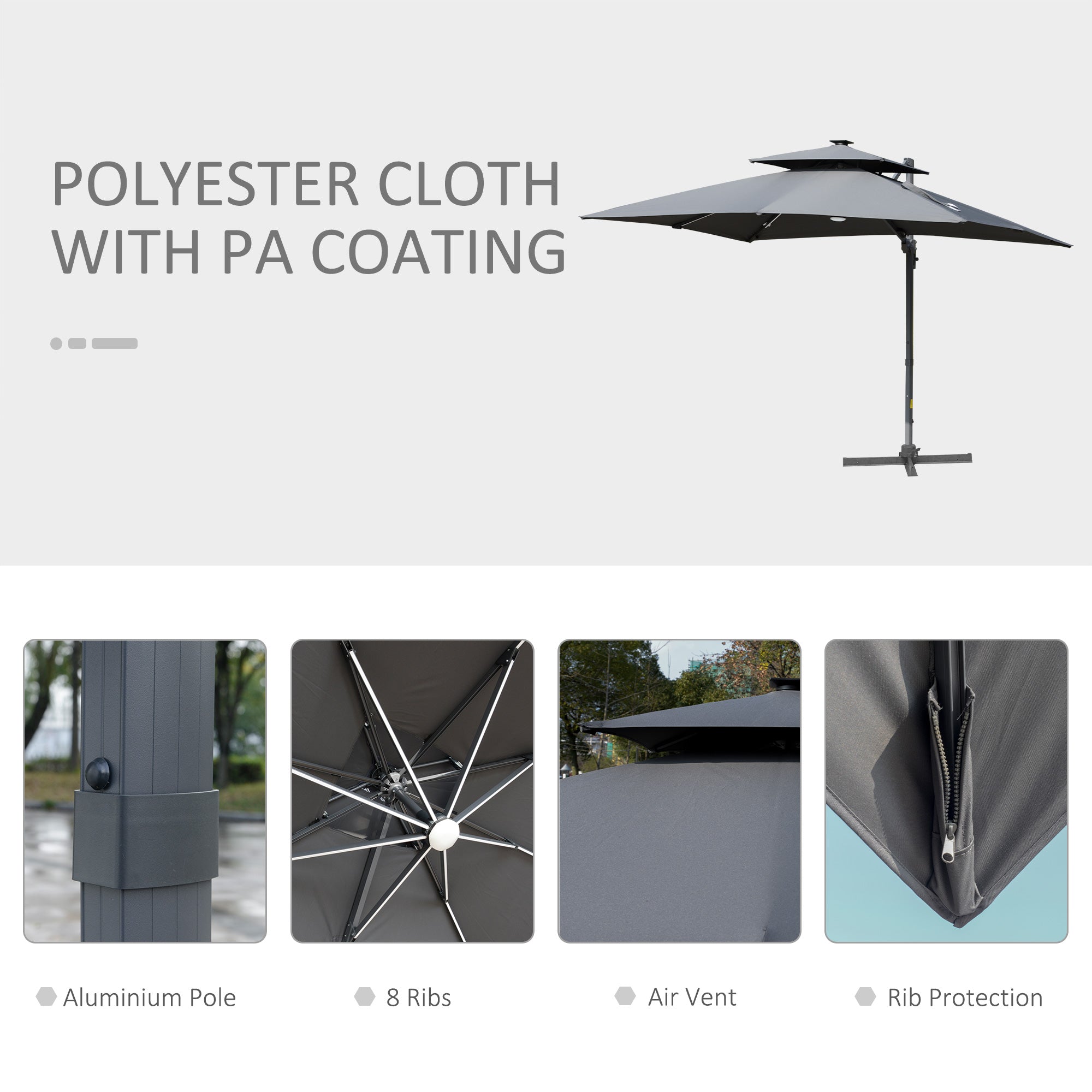 Outsunny 3m Cantilever Parasol, Outdoor Offset Patio Umbrella, Solar LED Lighted Hanging Sun Shade Canopy with Tilt and Crank Handle, Cross Base for Lawn, Beach and Poolside, Grey - North Peak Garden Furniture