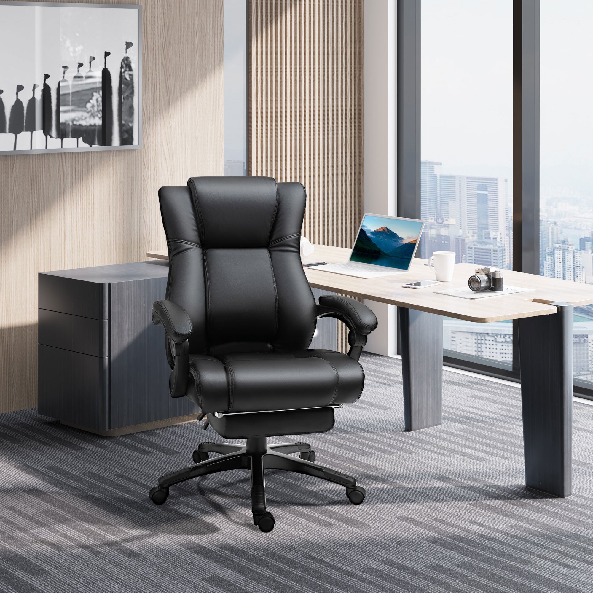 Vinsetto Executive Office Chair for Home, PU Leather Computer Chair, Swivel Desk Chair with Footrest, Wheels, Adjustable Height, Black - North Peak Garden Furniture