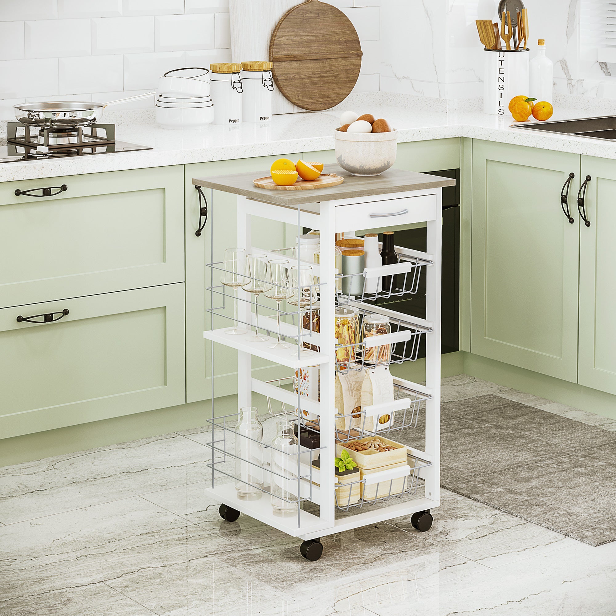 HOMCOM Rolling Kitchen Cart, Utility Storage Cart with 4 Basket Drawers & Side Racks, Wheels for Dining Room, Natural and White - North Peak Garden Furniture