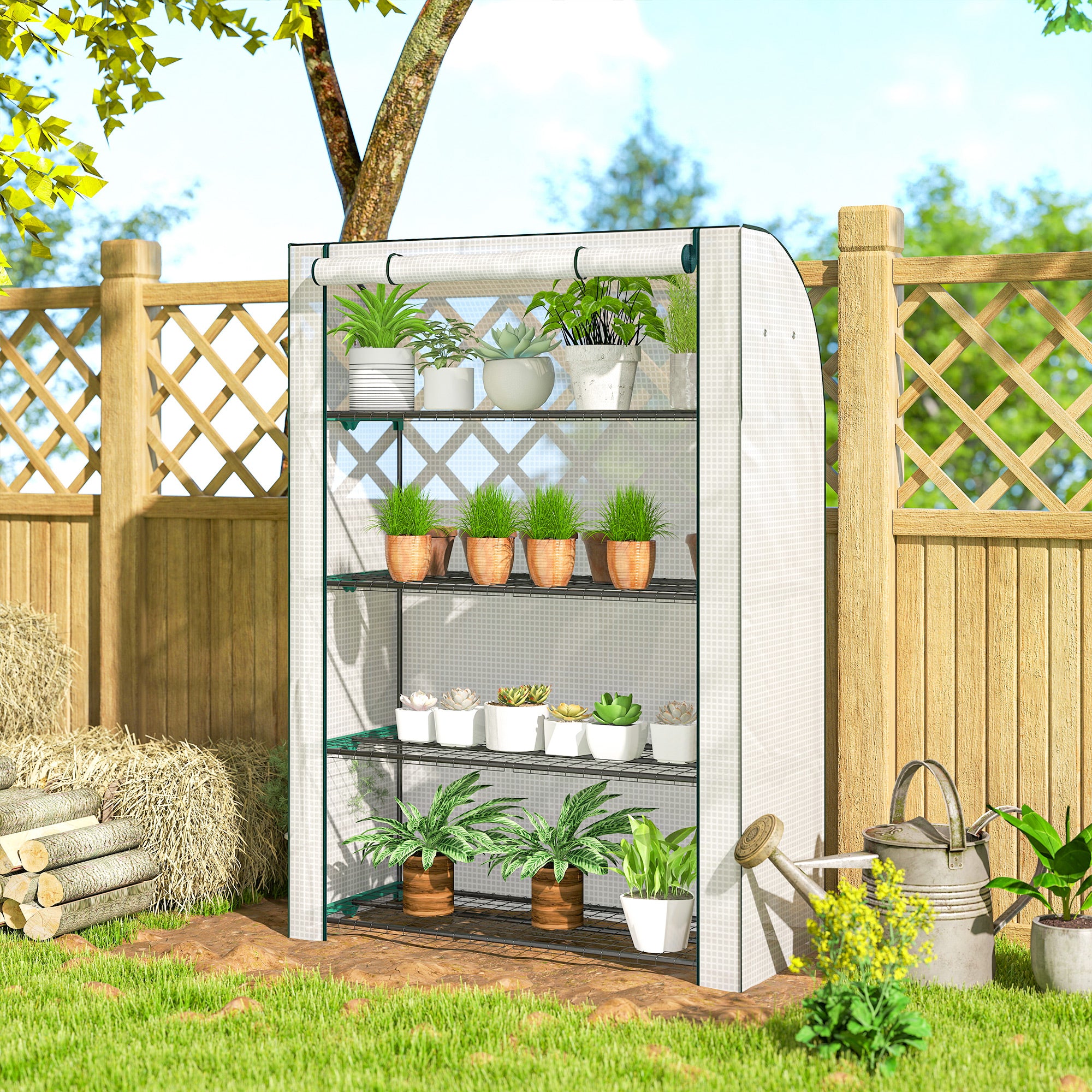 Outsunny Mini Greenhouse with Reinforced PE Cover, Portable Indoor Outdoor Green House with Roll-up Door, 170 x 120 x 50cm, White