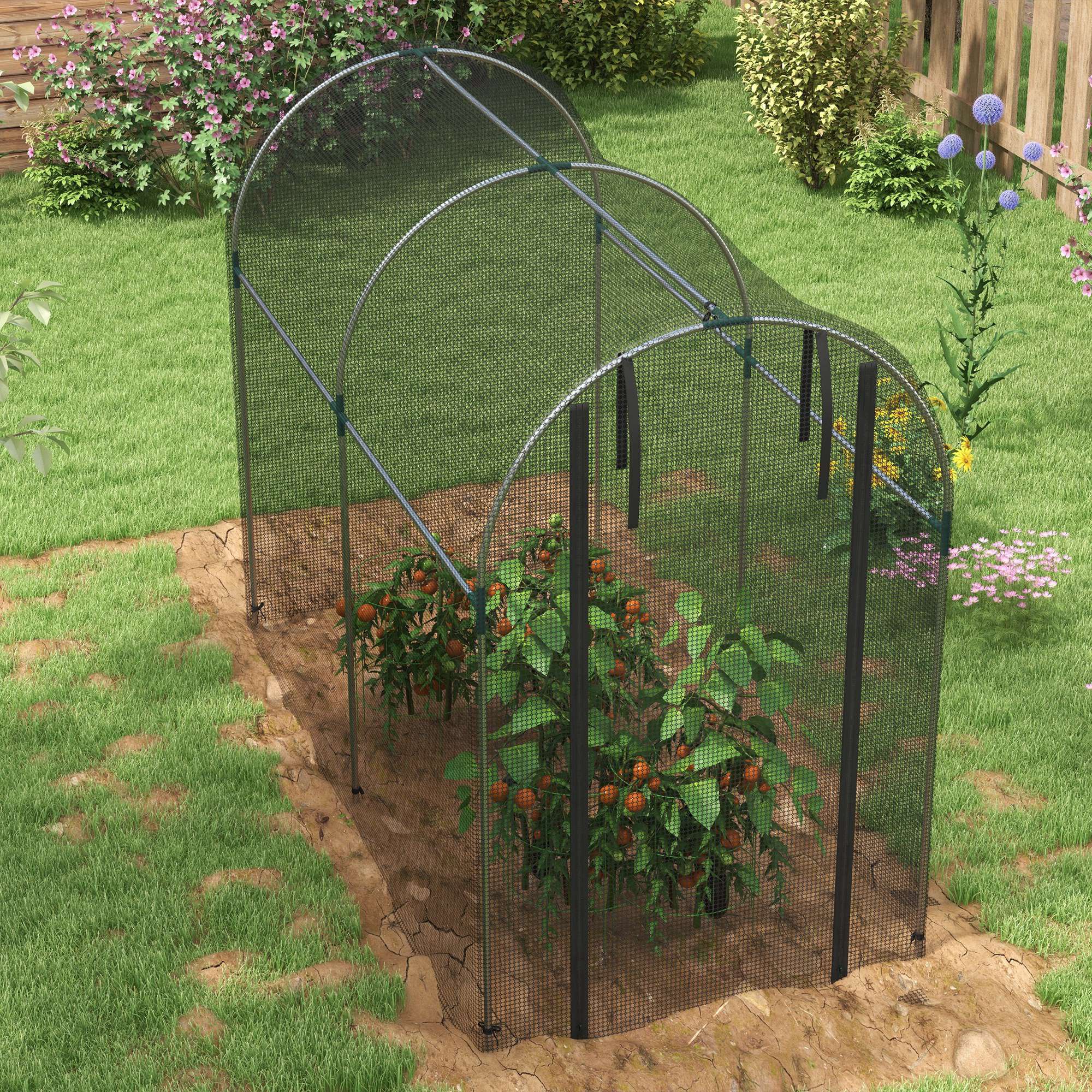 Outsunny Galvanised Steel Fruit Cage, Plant Protection Tent with Zipped Door, 1.2 x 2.4 x 1.9m, Black - North Peak Garden Furniture
