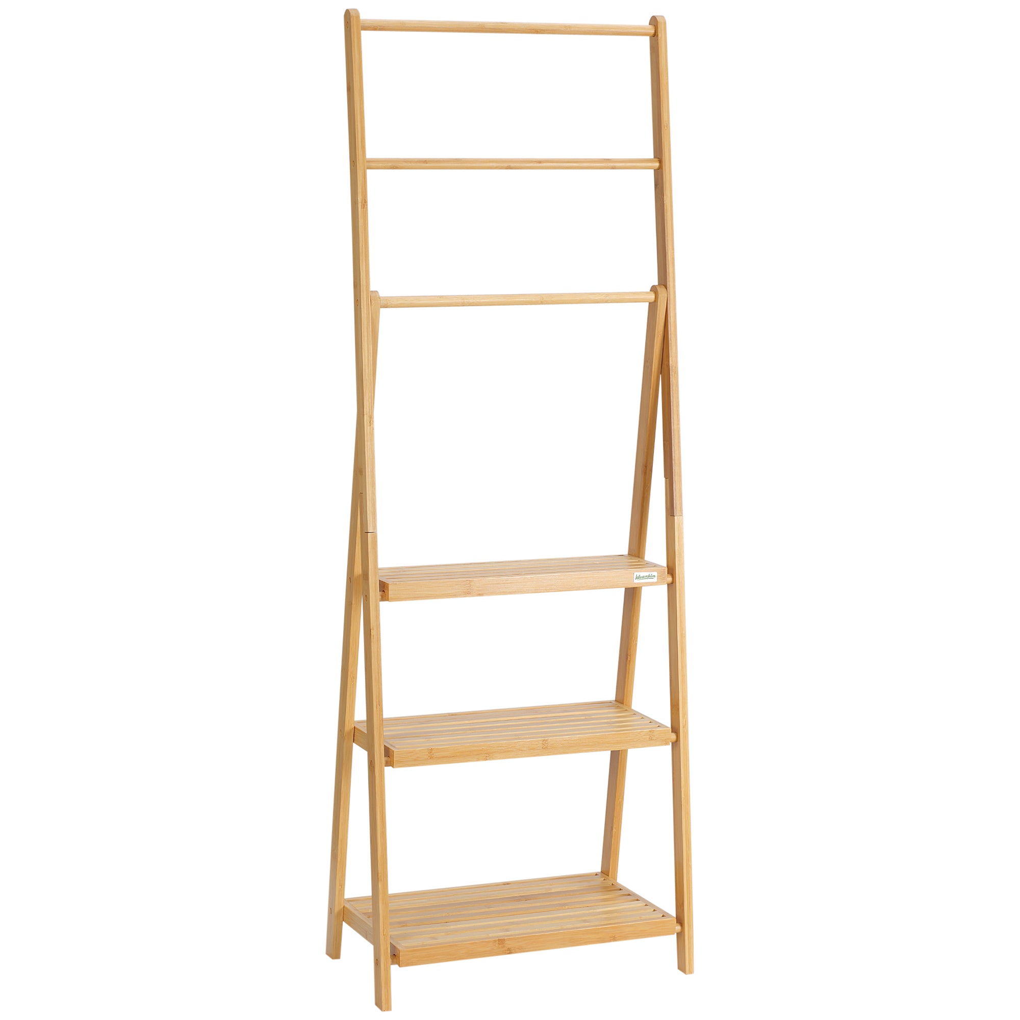 kleankin Freestanding Natural Bamboo Towel Rack with 3 Towel Rails and 3 Storage Shelves, Space-Saving Foldable Towel Holder for Bathroom - North Peak Garden Furniture