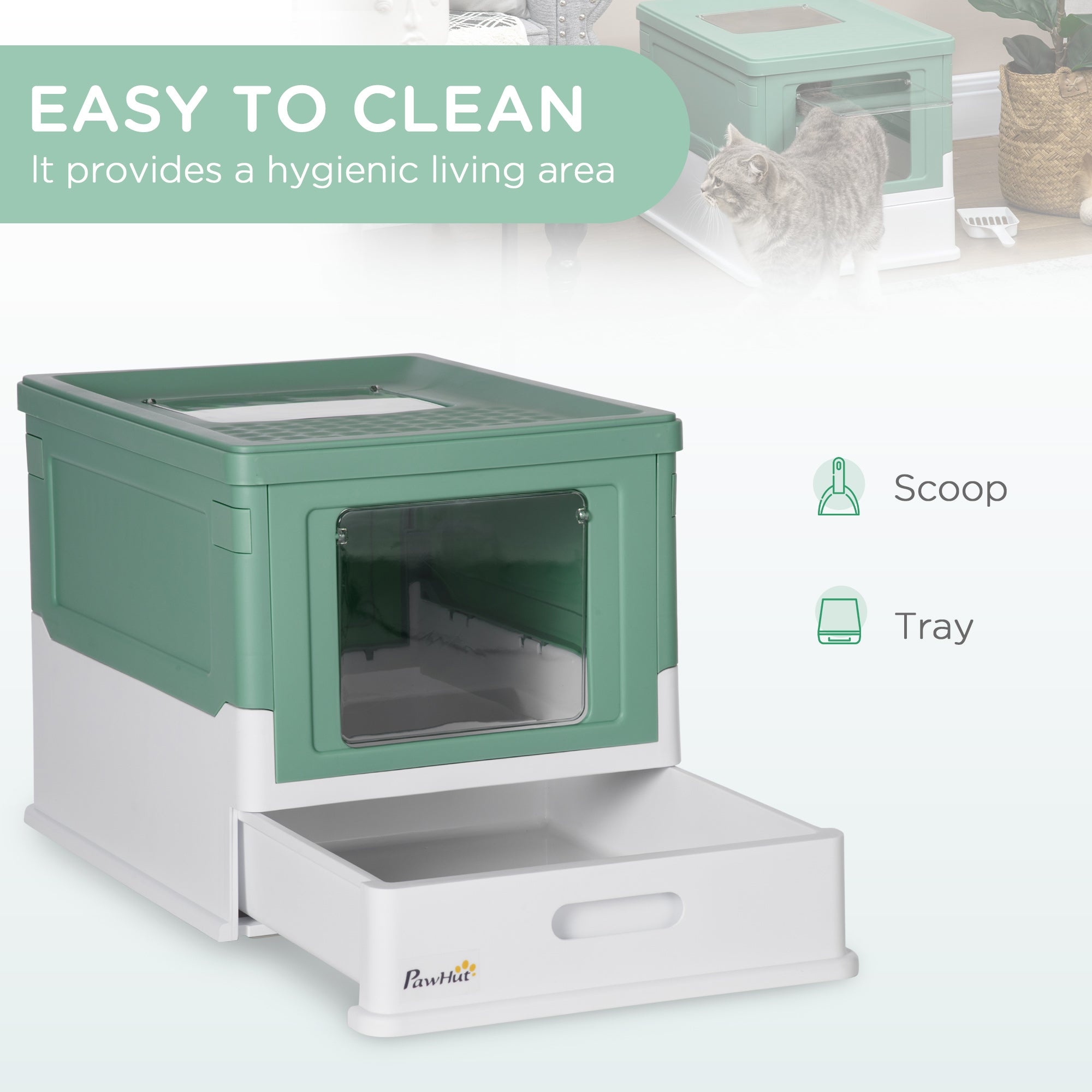 PawHut Hooded Cat Litter Box, Portable Pet Toilet, with Scoop, Front Entry - Green - North Peak Garden Furniture