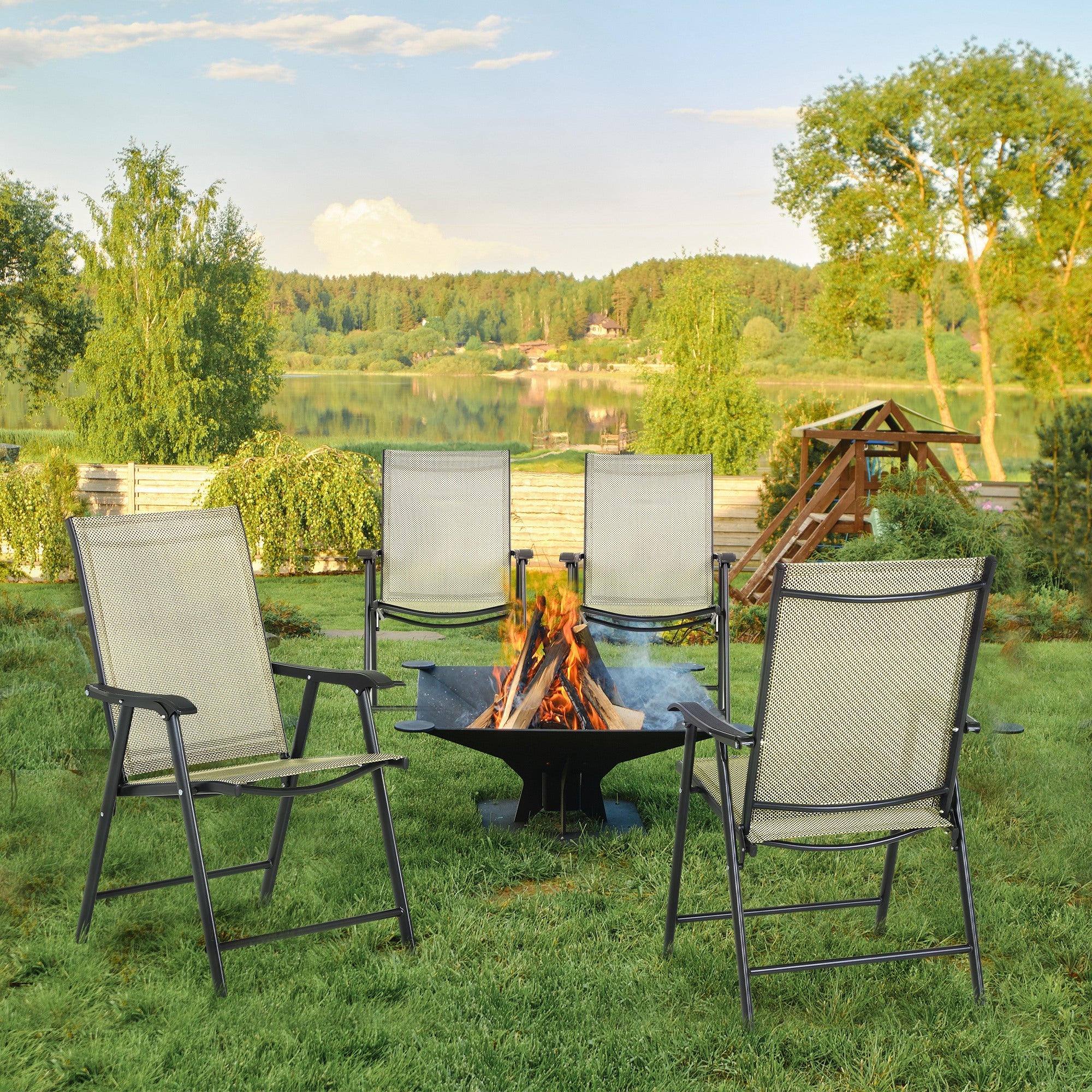 Outsunny Set of 4 Folding Garden Chairs, Metal Frame Garden Chairs Outdoor Patio Park Dining Seat with Breathable Mesh Seat, Beige - North Peak Garden Furniture