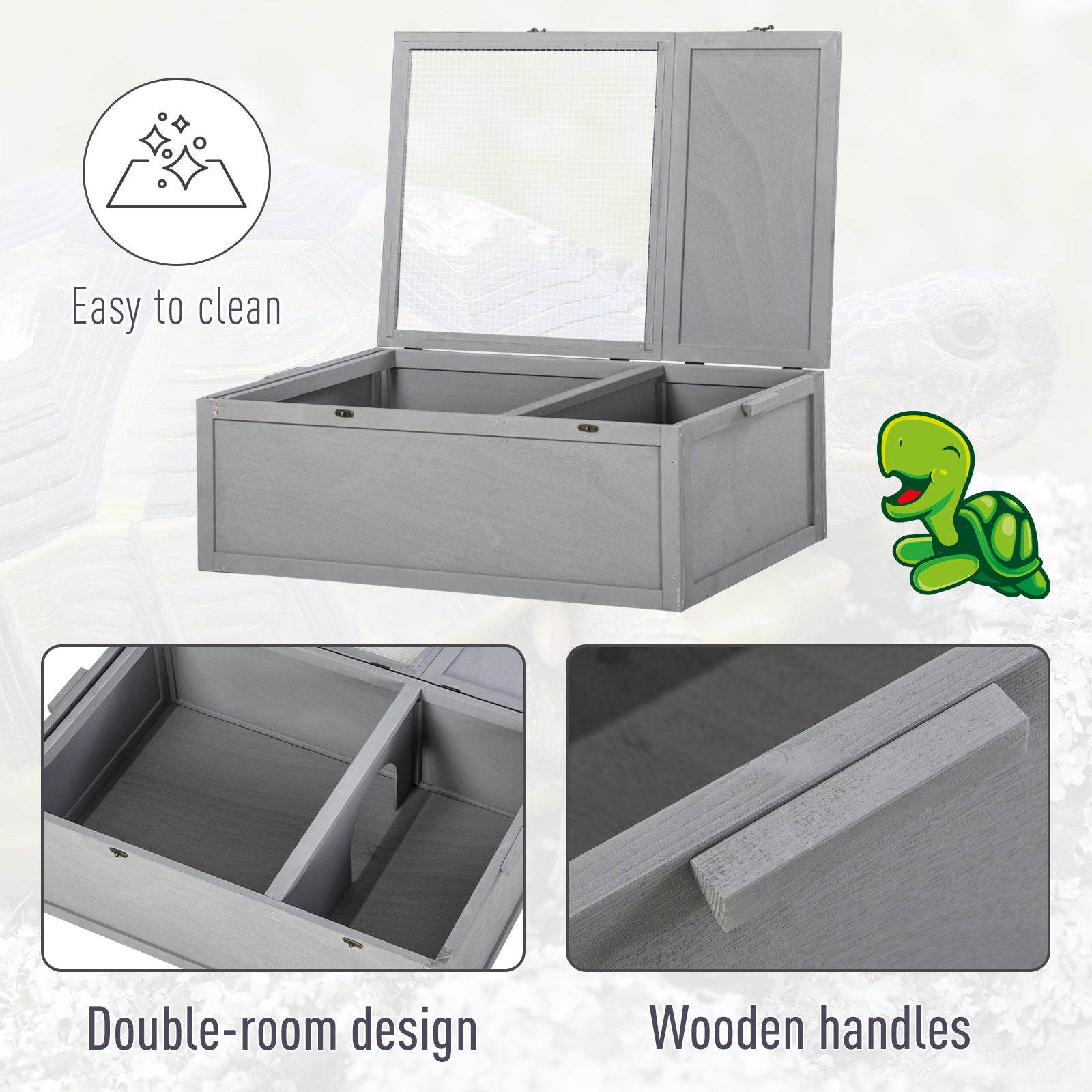 PawHut 94 cm Wooden Tortoise House Turtle Habitat Small Reptile Cage Enclosure with Two Room Grey - North Peak Garden Furniture