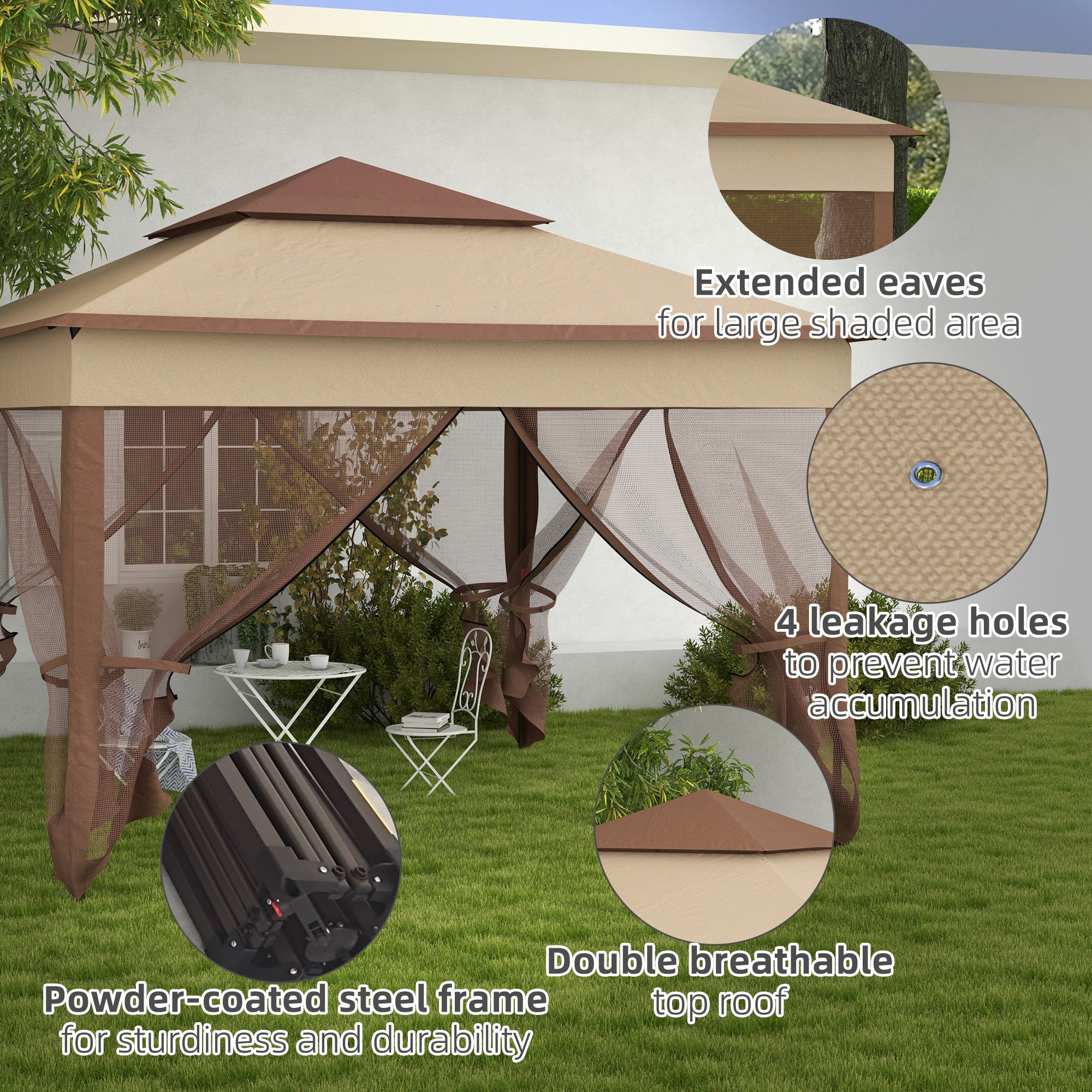 Outsunny 3 x 3(m) Pop Up Gazebo, Double-roof Garden Tent with Netting and Carry Bag, Party Event Shelter for Outdoor Patio, Khaki - North Peak Garden Furniture