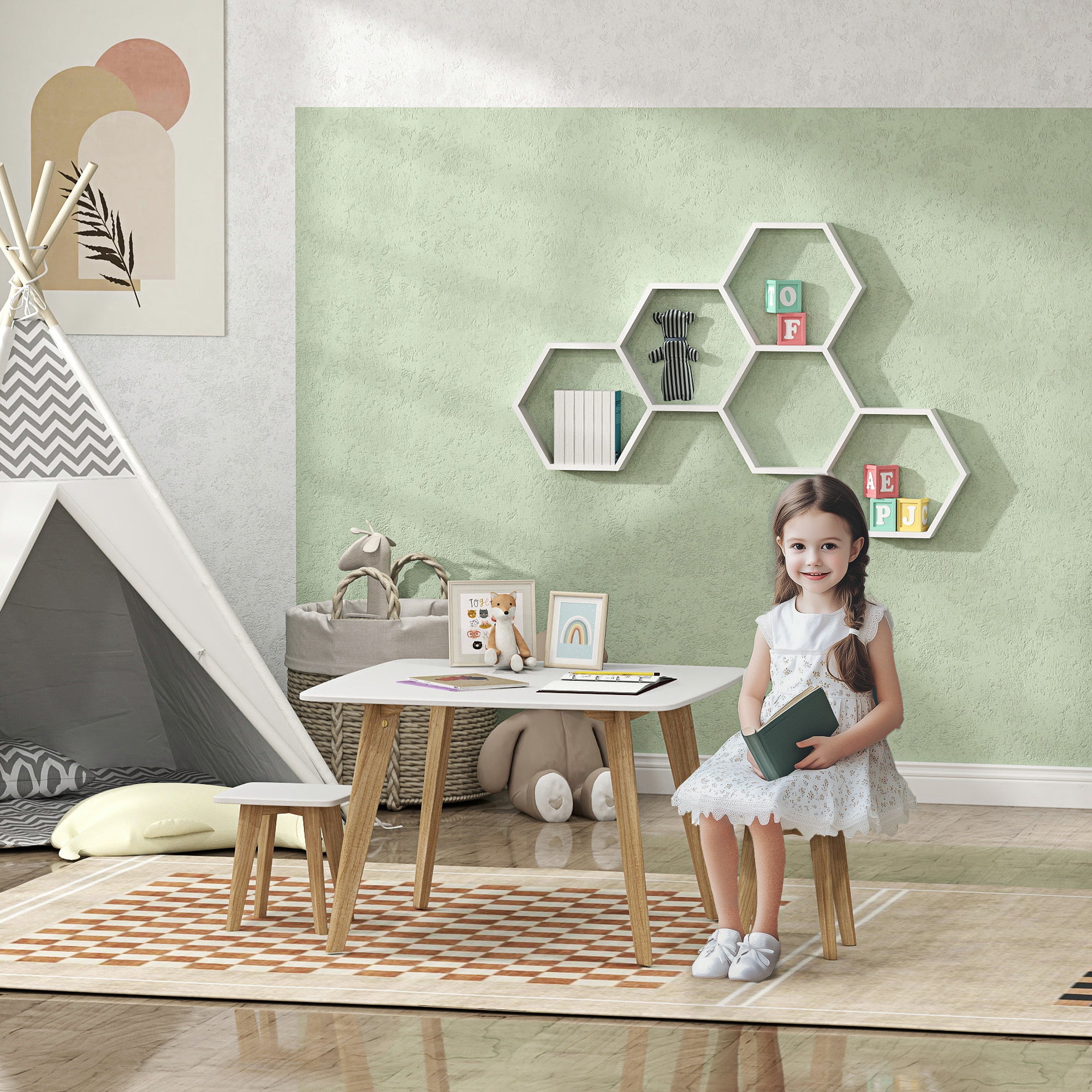 AIYAPLAY Kids Table and Chair Set, 3-Piece Toddler Furniture Set for Playroom, Bedroom, Ages 3-8 Years, White - North Peak Garden Furniture