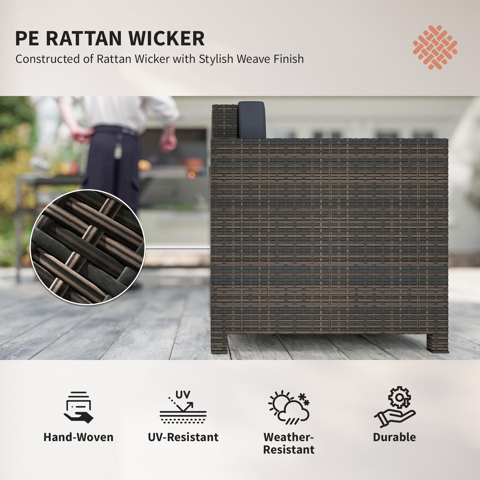 Outsunny PE Rattan Garden Armchair with Cushion - Mixed Brown/Navy Blue