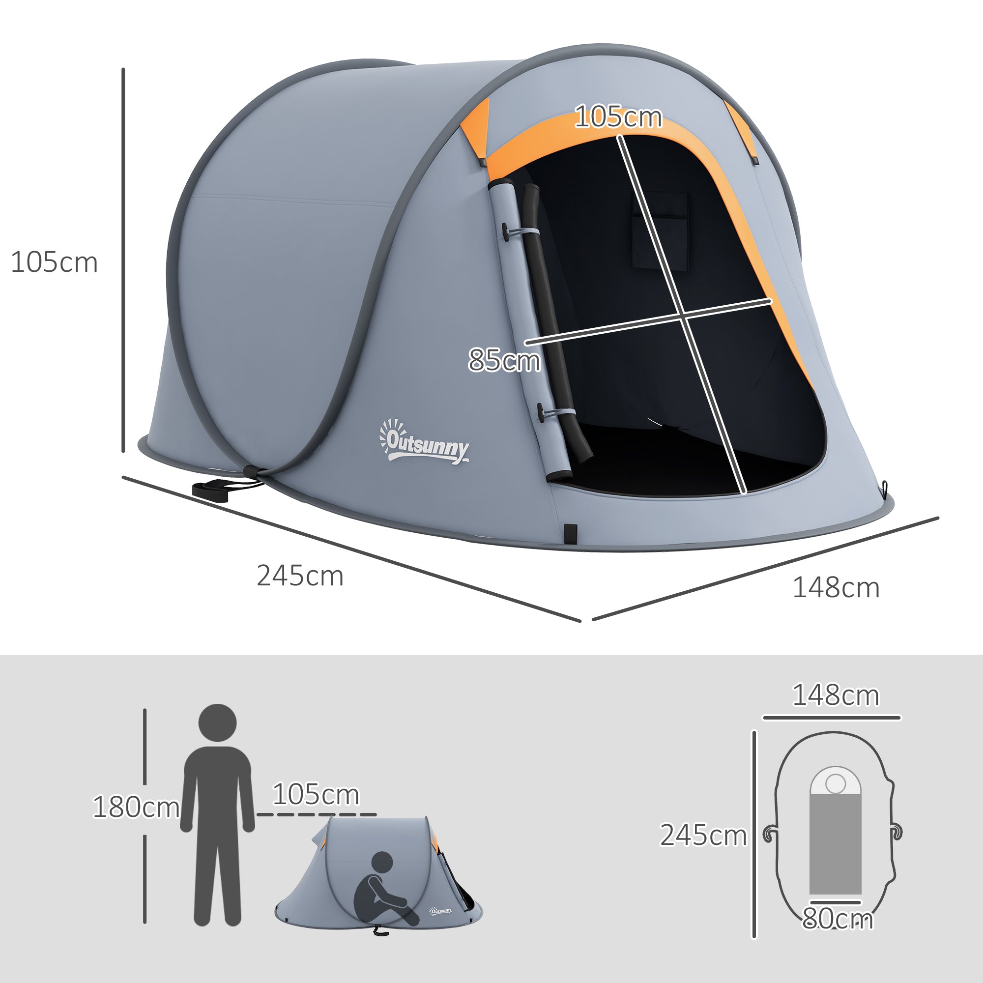 Outsunny 2 Man Pop up Camping Tent, 2000mm Waterproof with Carry Bag for Fishing Hiking Backpacking, Grey and Orange