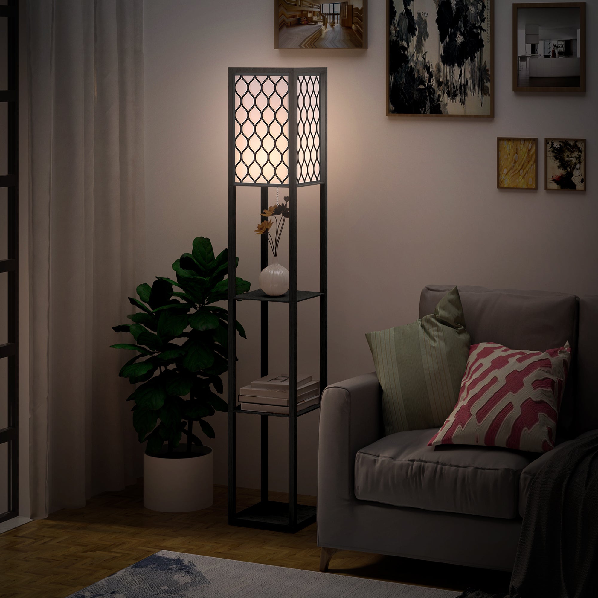 HOMCOM Shelf Floor Lamp Standing Lamp W/4-tier Wooden Open Shelves,26L x 26W x 160Hcm-Black/White - North Peak Garden Furniture