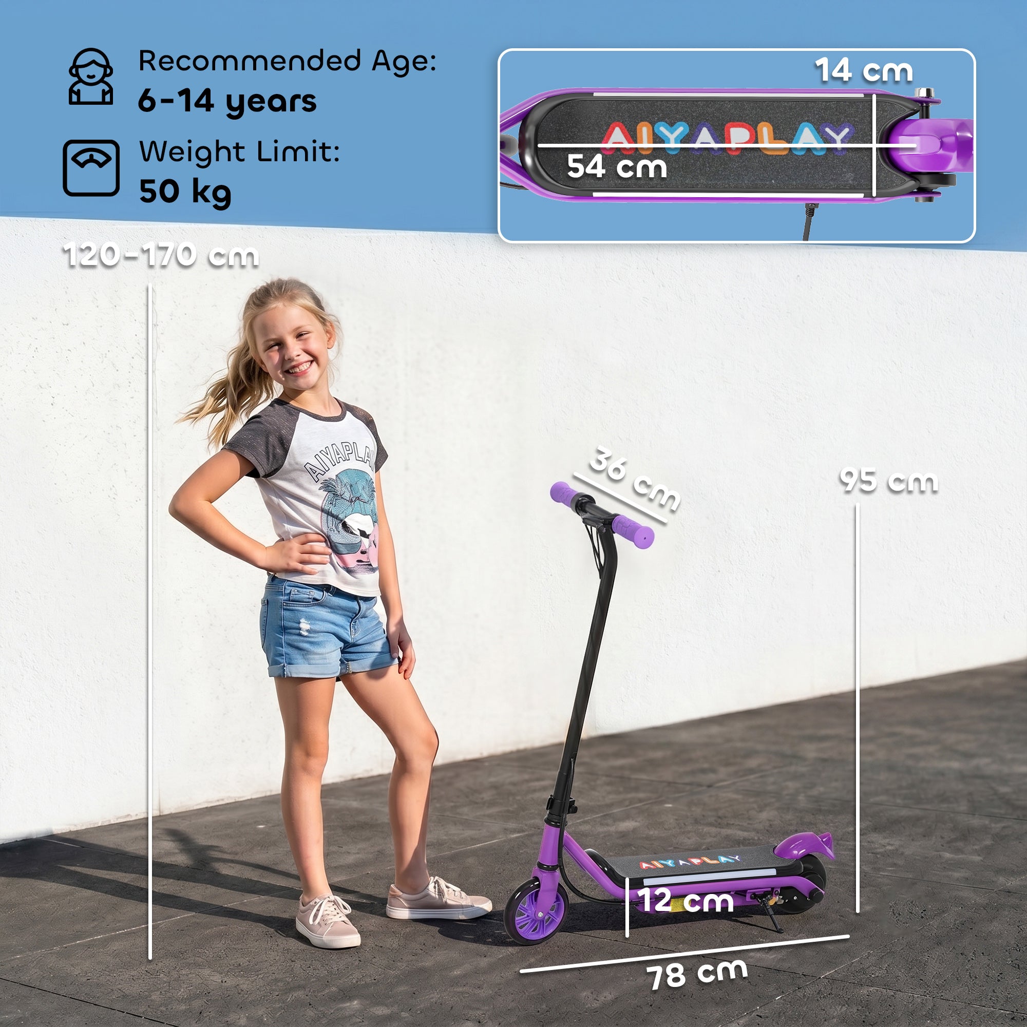 AIYAPLAY Electric Scooter for Kids Ages 6-14, with Dual Brakes, Flash Wheel and Colourful Light, Kids Electric Scooter E Scooter, Up to 12 KM/H & 10 KM, Purple