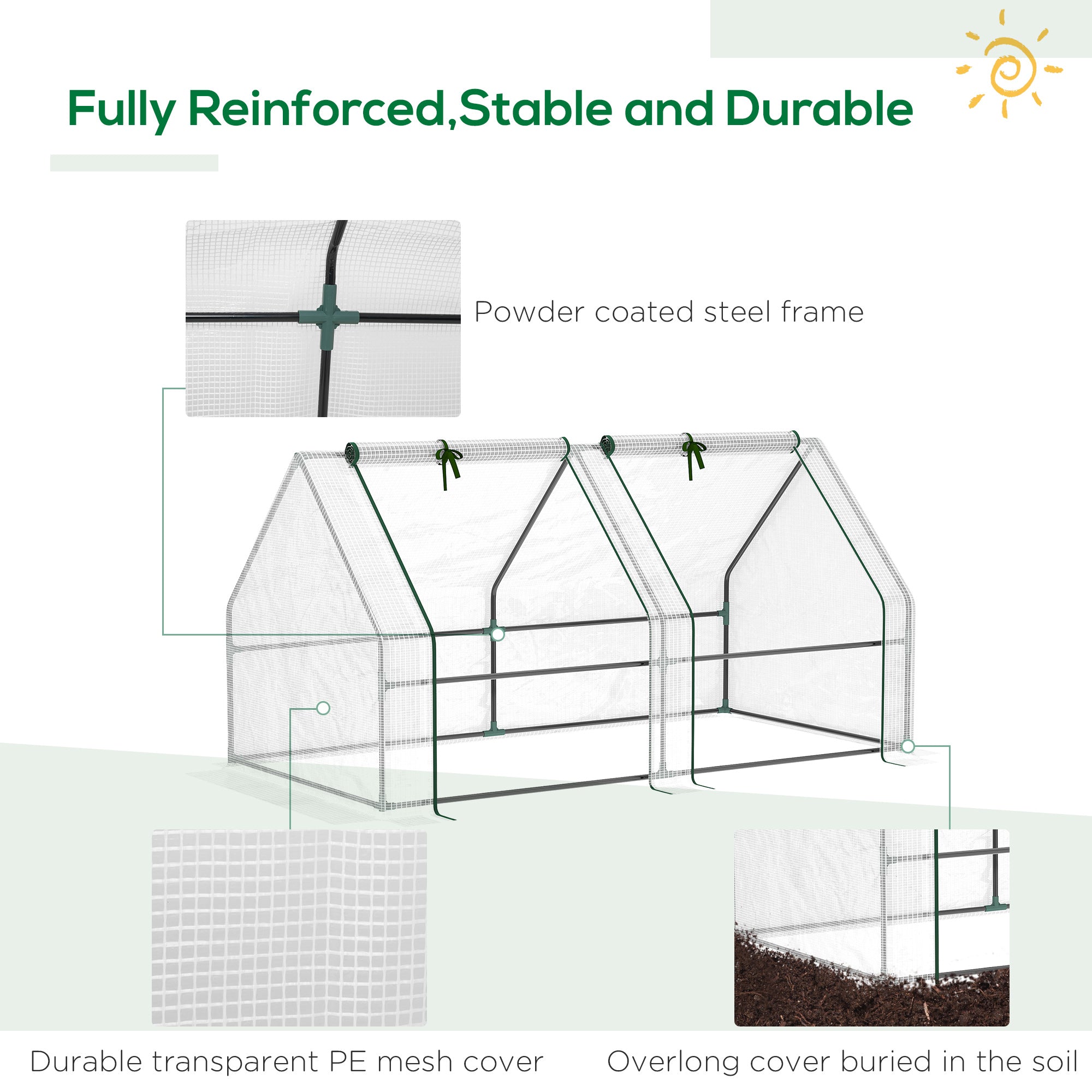 Outsunny Mini Small Greenhouse with Steel Frame & PE Cover & Zipped Window Poly tunnel Steeple for Plants Vegetables, 180 x 90 x 90 cm, White - North Peak Garden Furniture