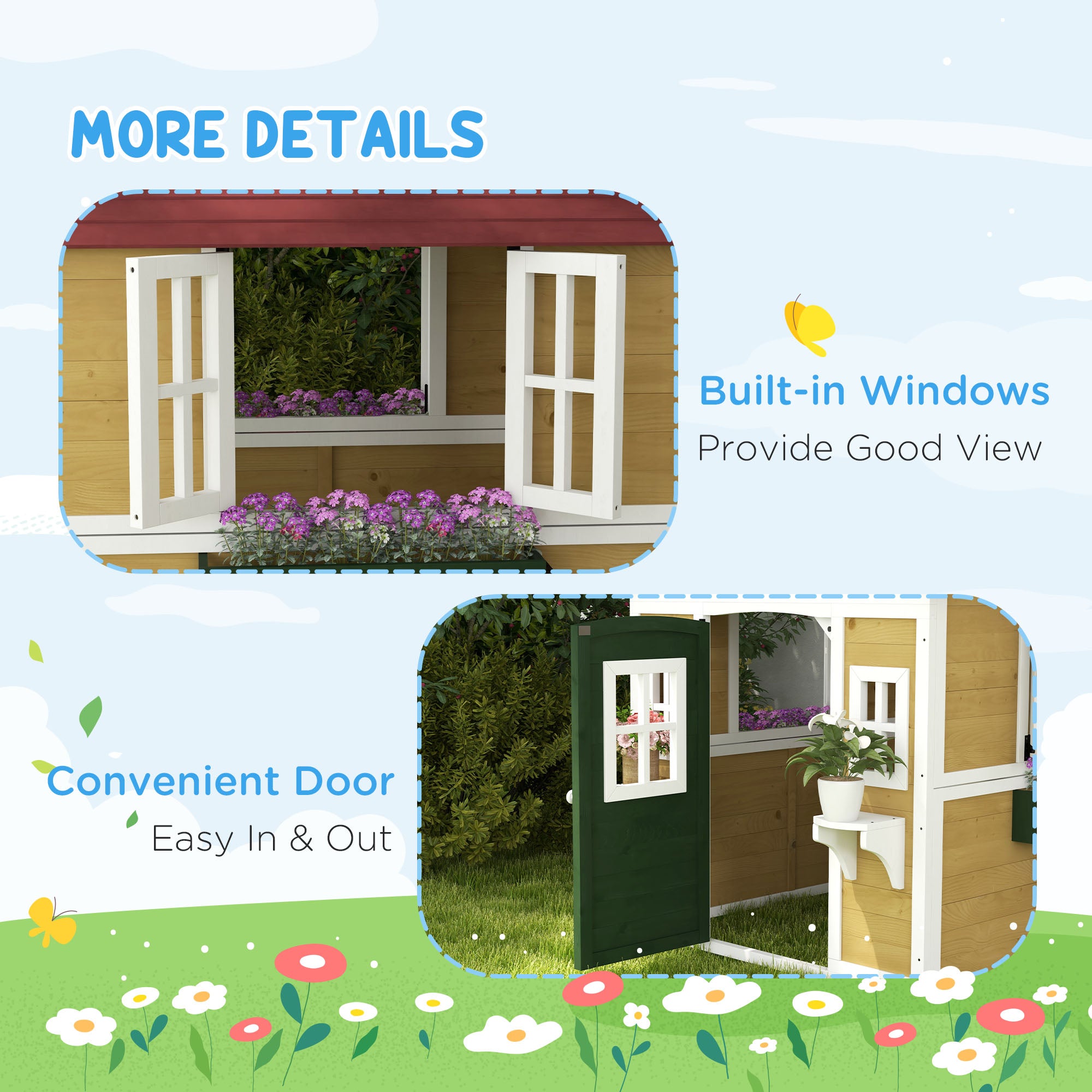 Outsunny Wooden Playhouse with Doors, Windows, Plant Pots, Boxes, for 3-8 Years - Beige - North Peak Garden Furniture