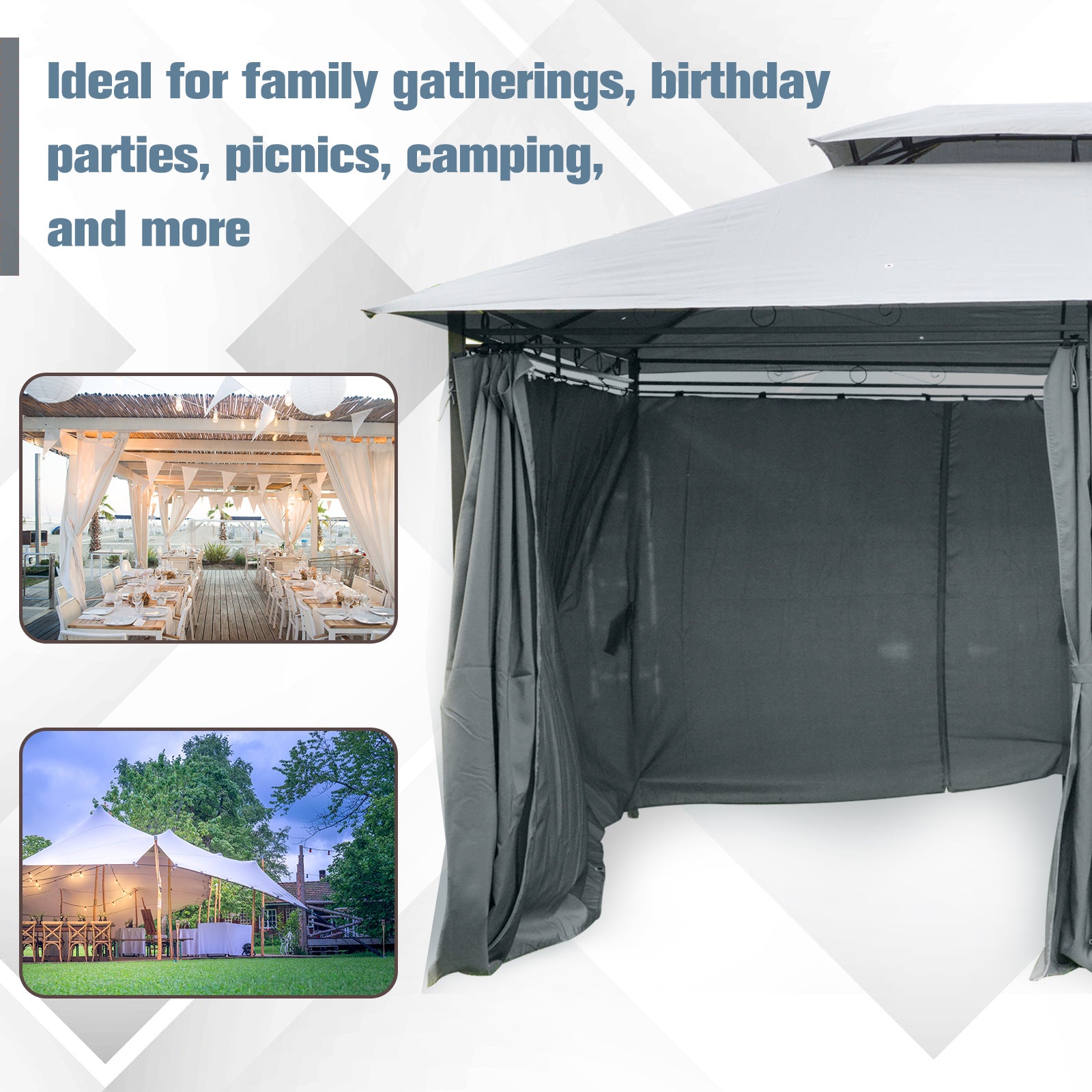 Outsunny 4m x 3(m)Garden Gazebo, Double Roof Outdoor Gazebo Canopy Shelter with Curtains, Solid Steel Frame for Lawn and Deck, Grey - North Peak Garden Furniture