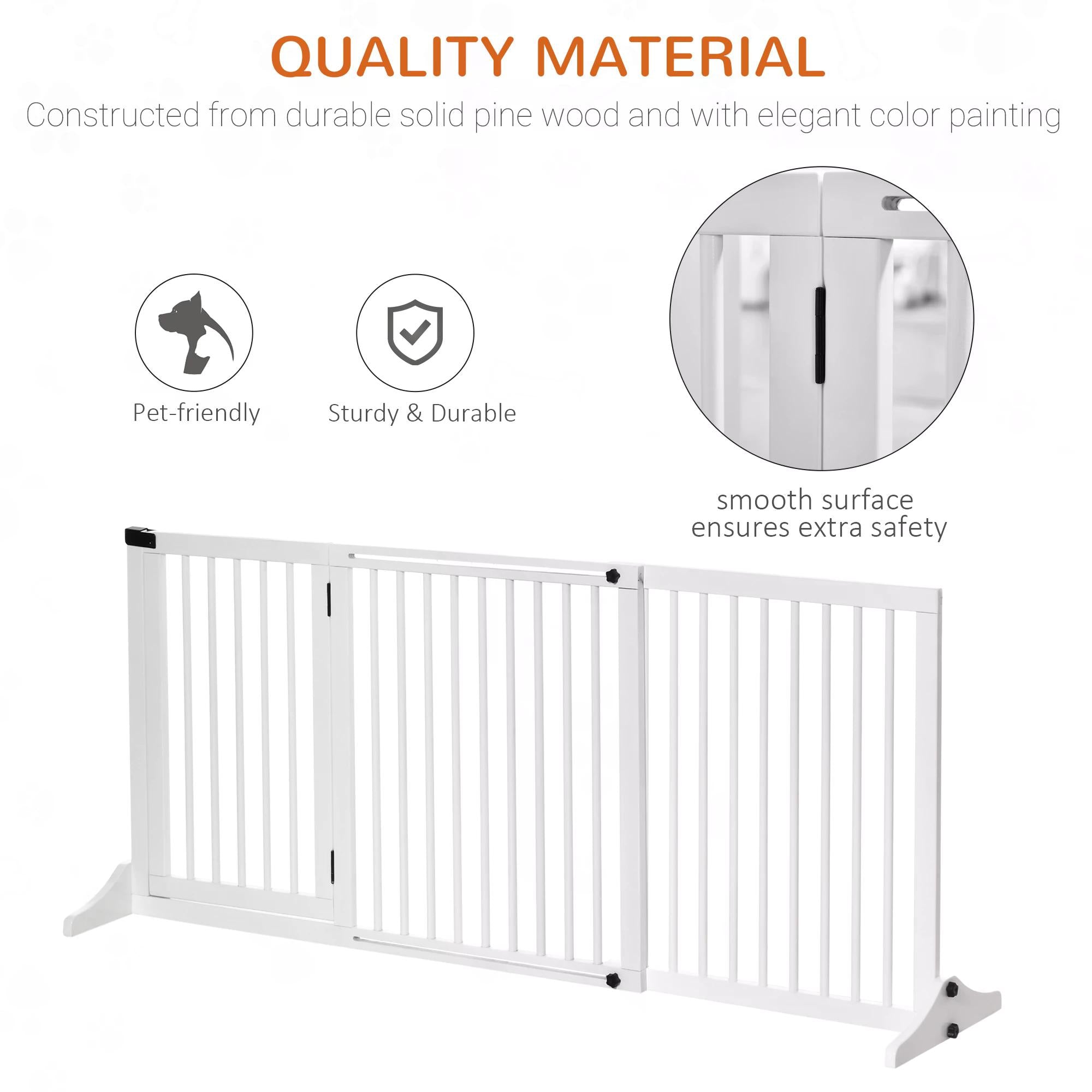 PawHut Adjustable Wooden Pet Gate Freestanding Dog Barrier Fence Doorway 3 Panels Safety Gate w/ Lockable Door White 71H x 113-166W cm