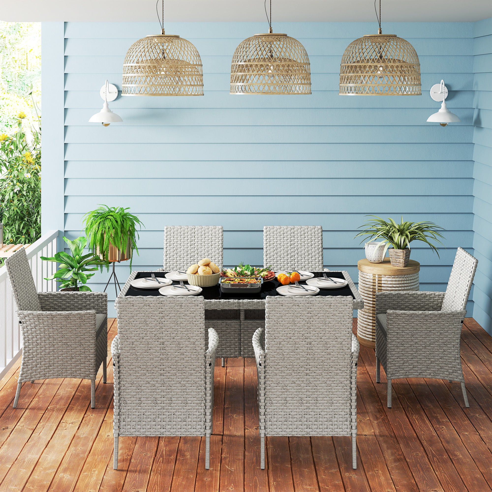 Outsunny Seven-Piece Rattan Dining Set - Grey - North Peak Garden Furniture