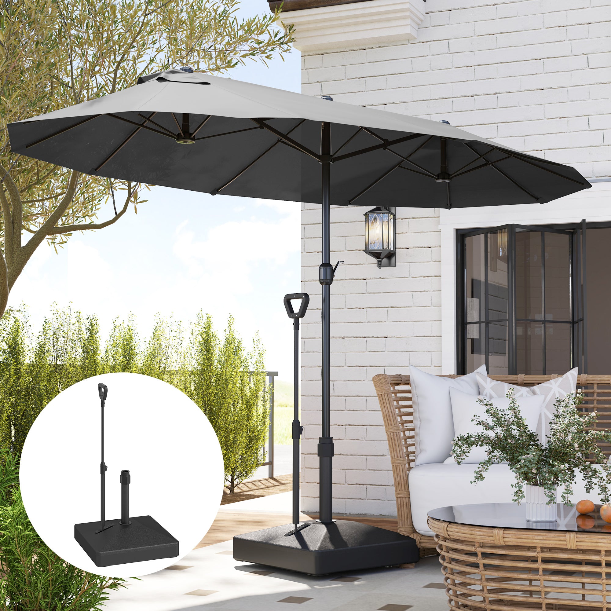 Outsunny Garden Parasol Base with Adjustable Wheels and Handle, Garden Sun Umbrella Base Parasol Stand, Filled Up to 55kg with Stand, 45kg with Water for 35, 38, 48 mm Poles, Black - North Peak Garden Furniture