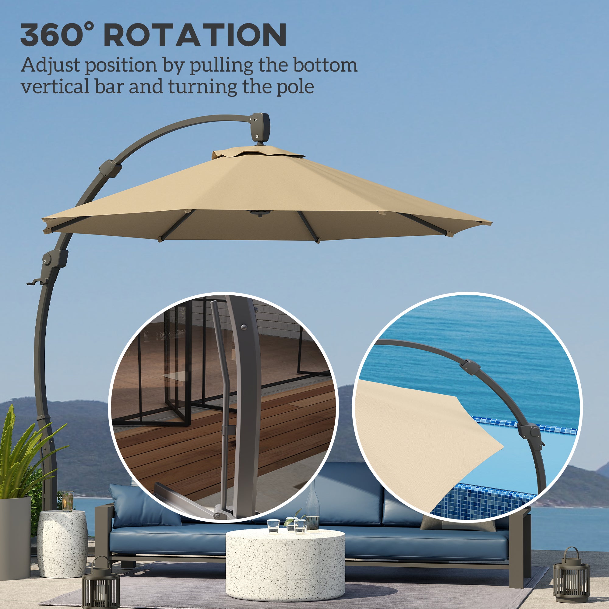 Outsunny 3(m) Garden Cantilever Parasol, Round Overhanging Umbrella with Crank Handle, Cross Base, Aluminium Frame and 360° Rotation, Banana Patio Umbrella for Outdoor Sun Shade, Khaki - North Peak Garden Furniture