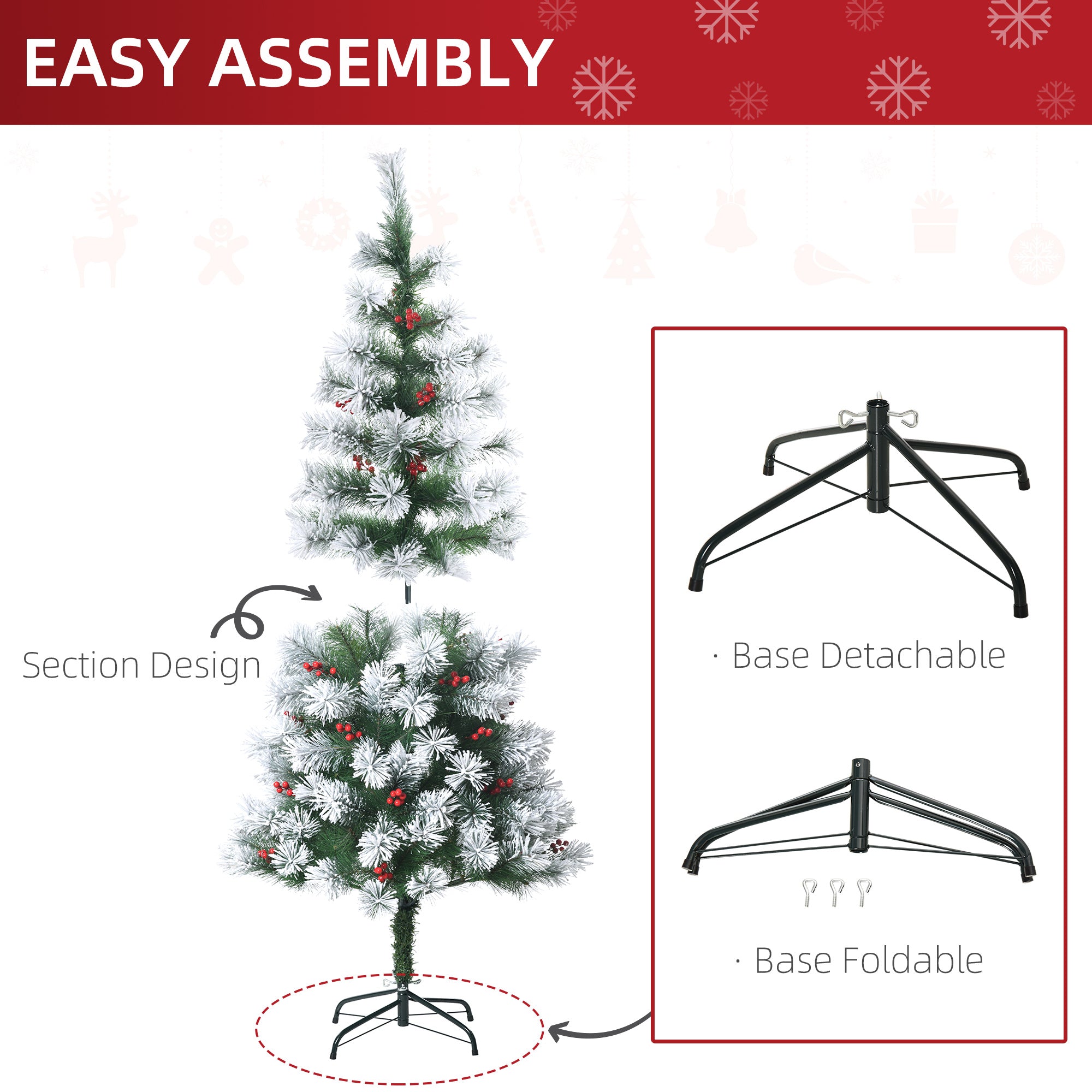 HOMCOM Indoor Christmas Tree Artificial Berry Xmas Decoration with Metal Stand and 184 Tips (5FT(150CM)) - North Peak Garden Furniture