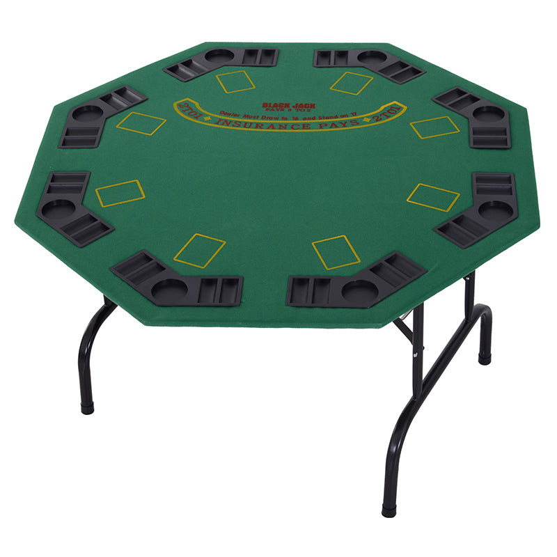 HOMCOM 8 Player Folding Games Poker Table with Chip Cup Holder Steel Base Felt Top Octagon Blackjack Green - North Peak Garden Furniture