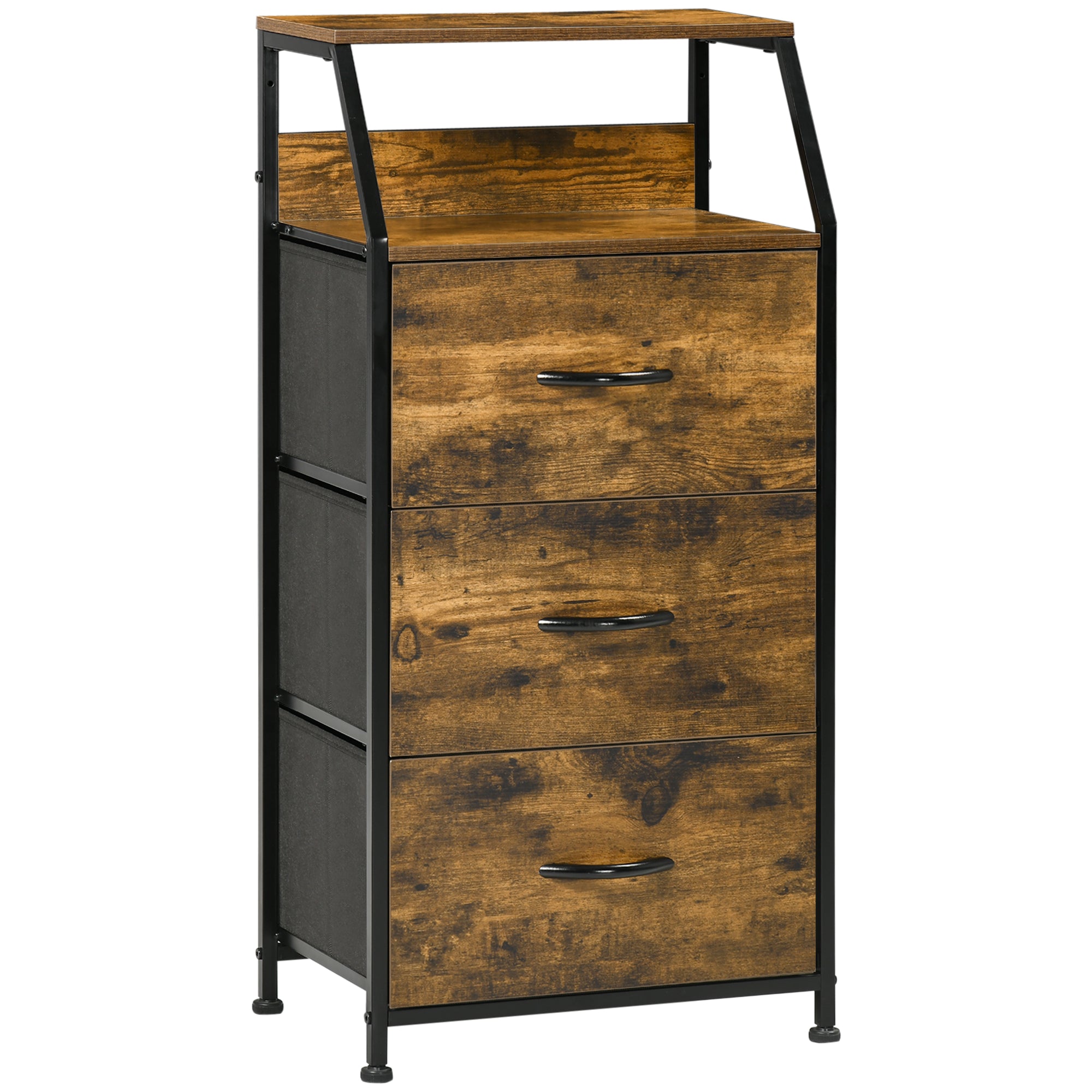 HOMCOM Industrial Storage Cabinet, Fabric Chest of Drawers with Display Shelves, 3 Drawers Storage Unit for Living Room, Rustic Brown - North Peak Garden Furniture