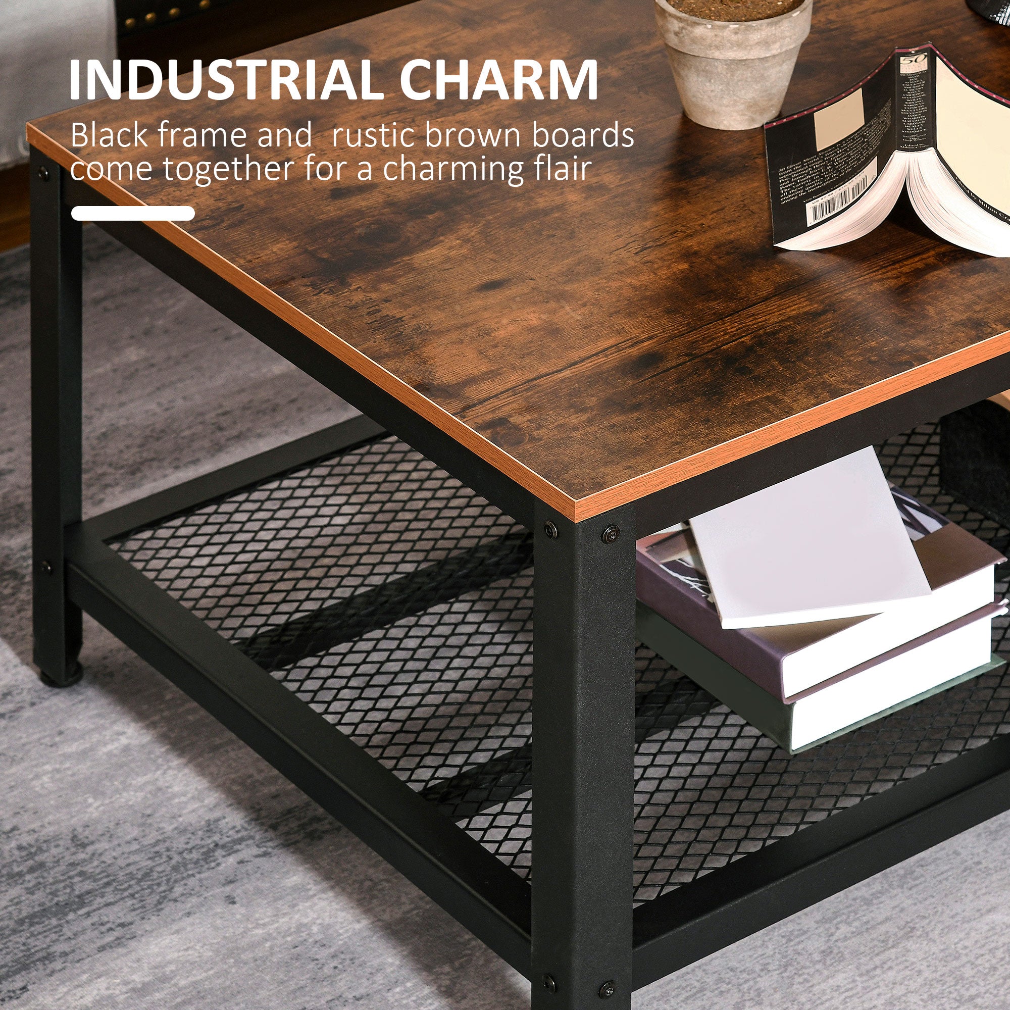 HOMCOM Coffee Table Industrial Side Table Living Room Table with Storage Shelf and Metal Frame for Home Office, 106L x 60W x 45Hcm - North Peak Garden Furniture