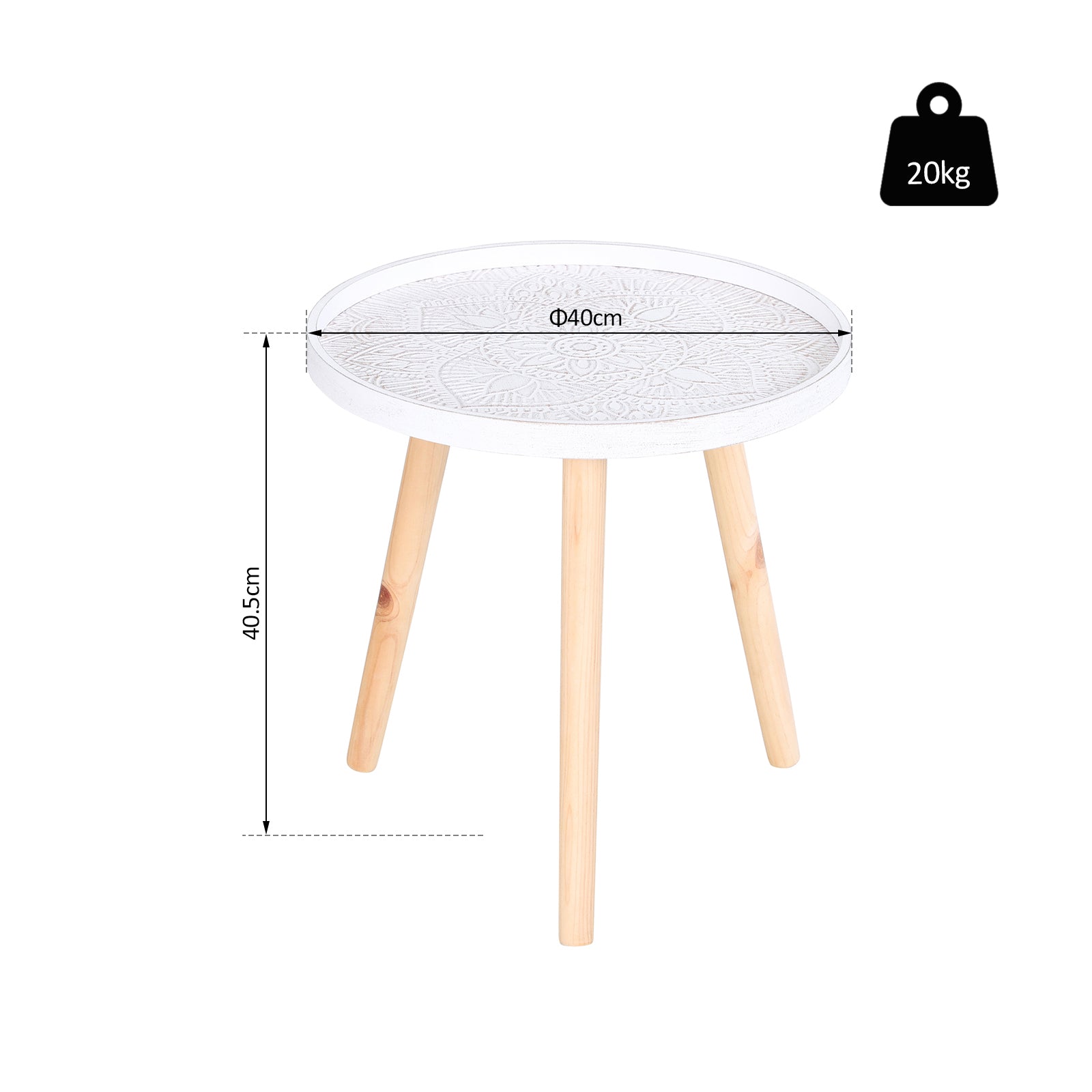 HOMCOM Coffee Table, Carved Floral Round Table with Tray-style Top and Wood Legs, Modern Side Table for Living Room, White - North Peak Garden Furniture