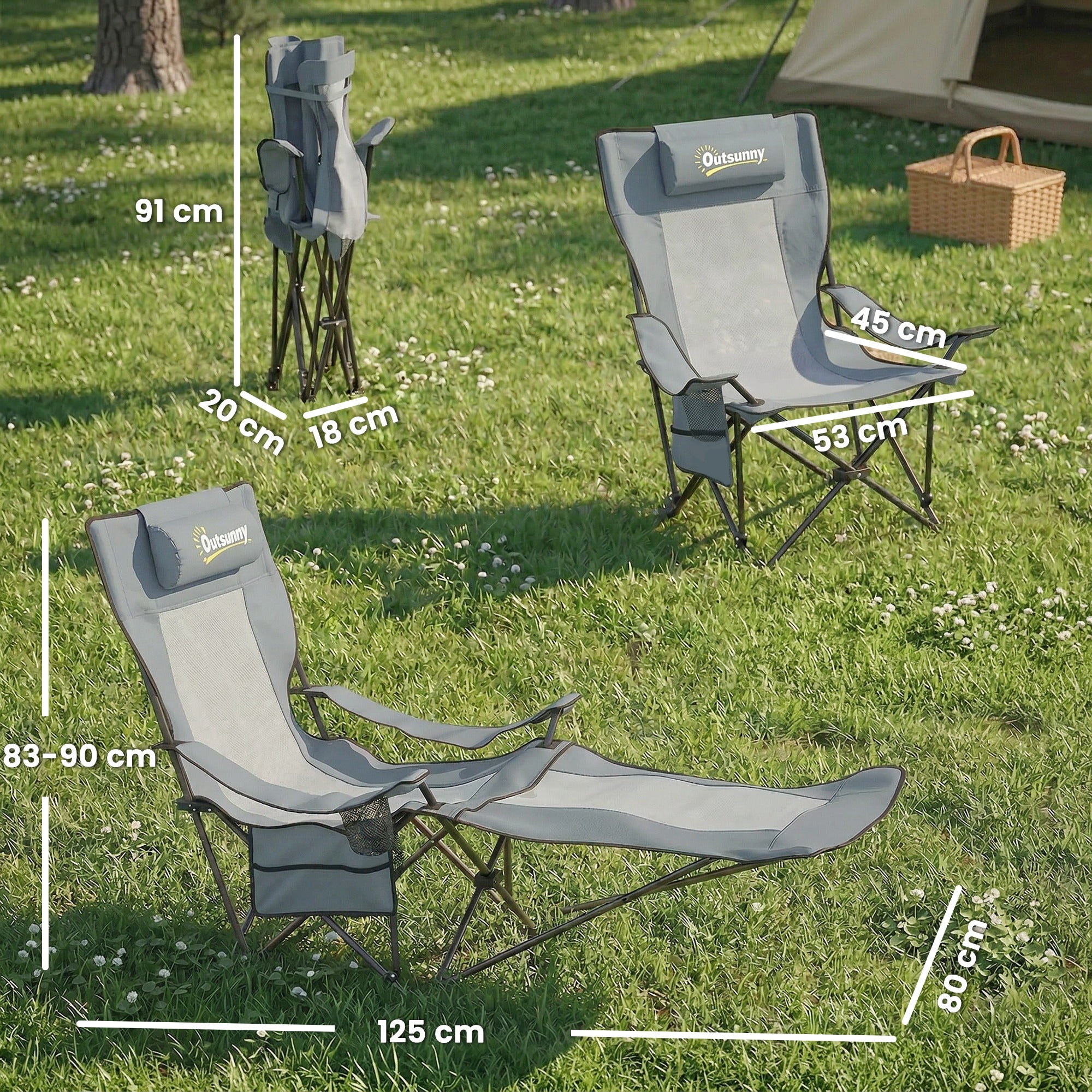 Outsunny Camping Chair Reclining Portable Camp Chair with Detachable Footrest Cup Holder Grey