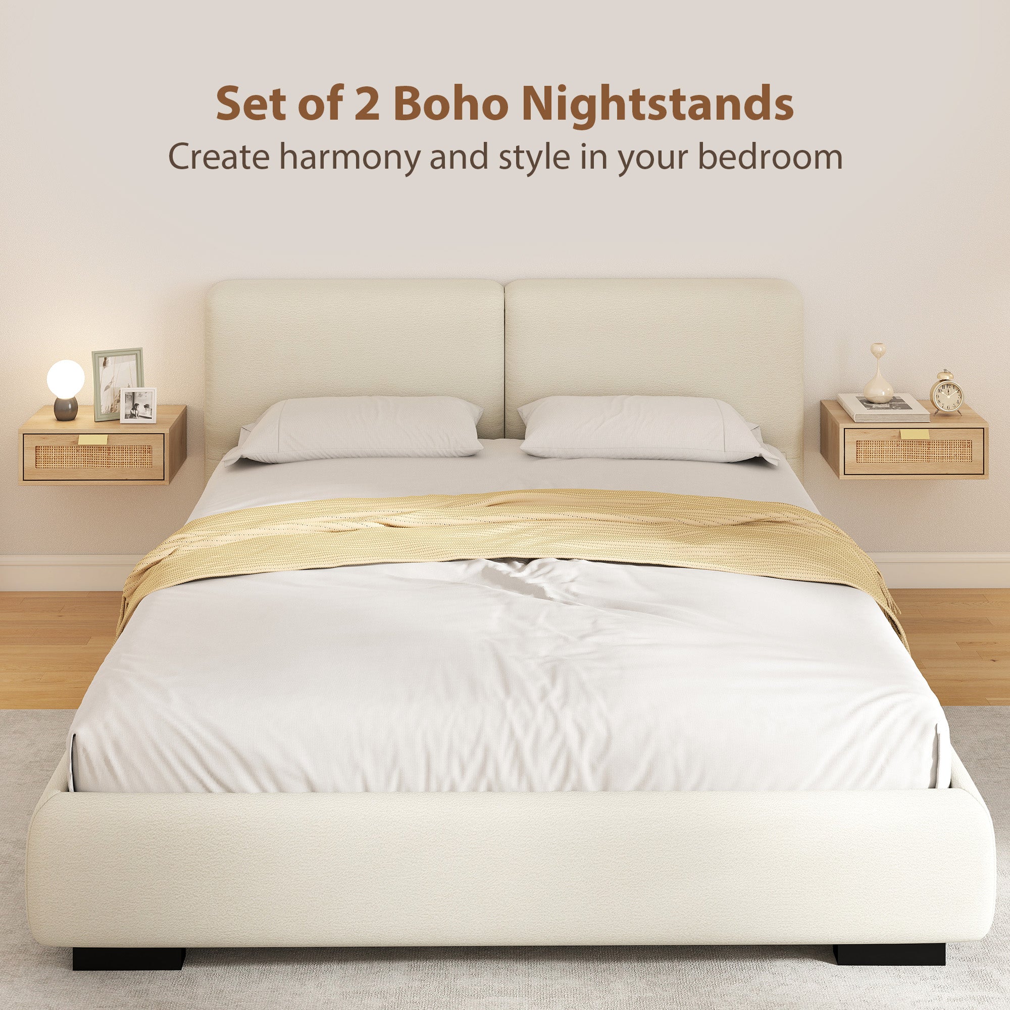 HOMCOM Floating Bedside Tables Set of 2, Wall Mounted Bedside Cabinets with Rattan Drawer and Wood Effect, Oak