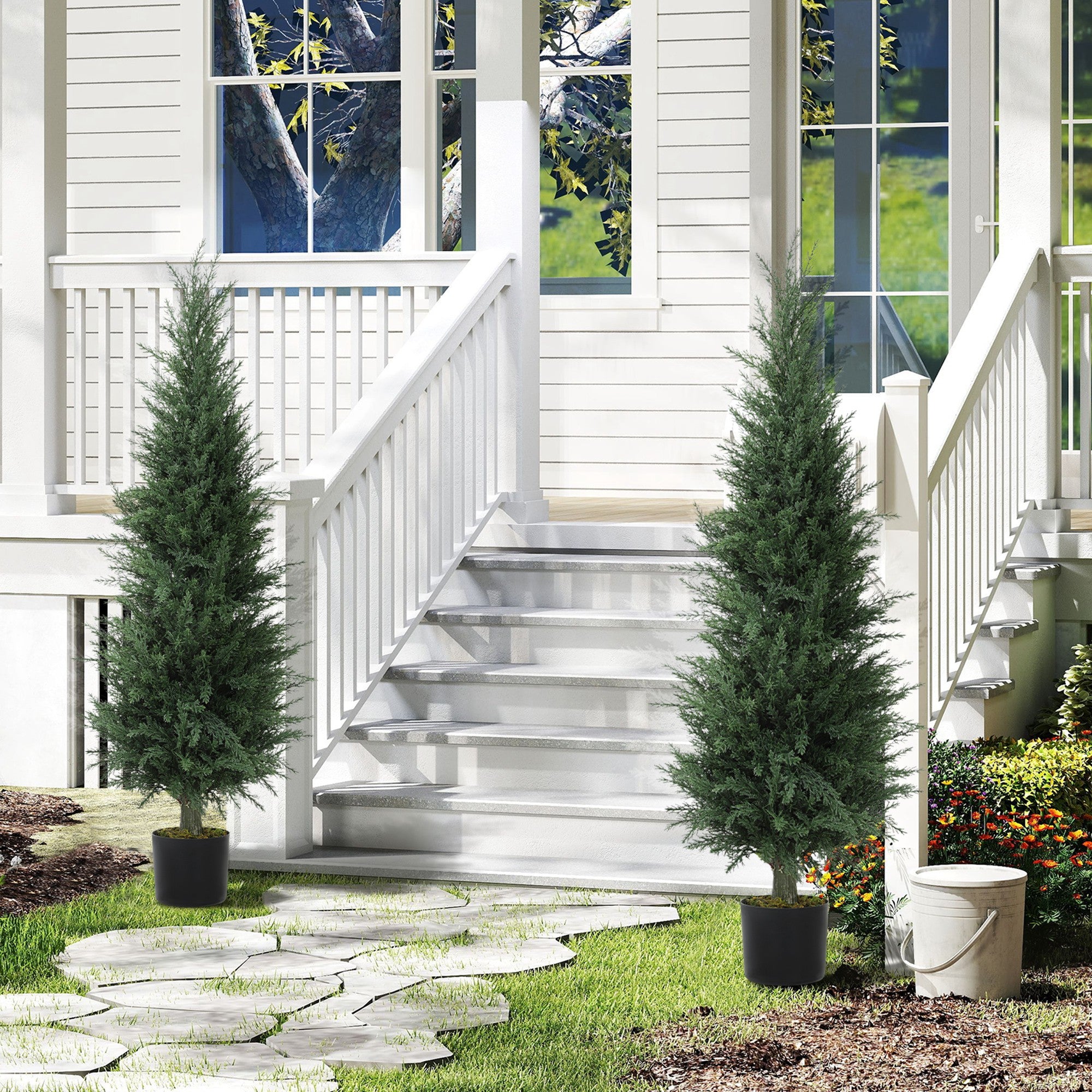 HOMCOM Set of 2 Decorative Artificial Plant, 120 cm Cypress Tree with 638 Leaves in Pot, UV-Resistant Plastic Fake Tree for Indoor Outdoor Home Office - North Peak Garden Furniture