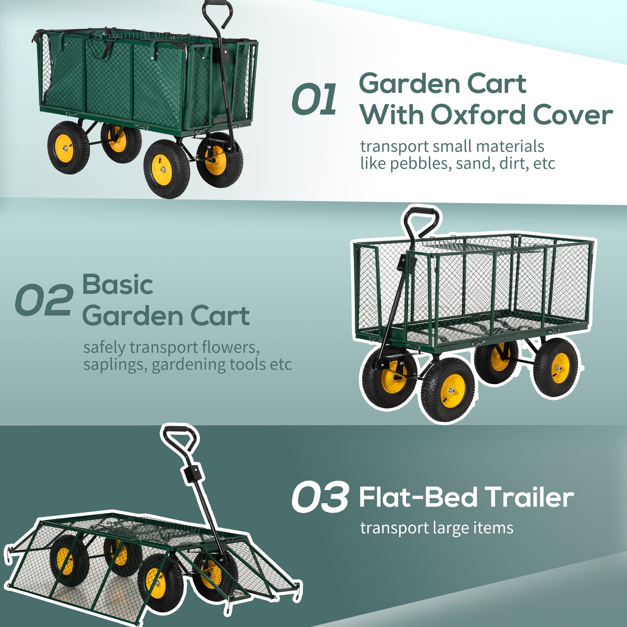 Outsunny Large 4 Wheel Heavy Duty Garden Cart Truck Trolley Wheelbarrow with Handle and Metal Frame - Green