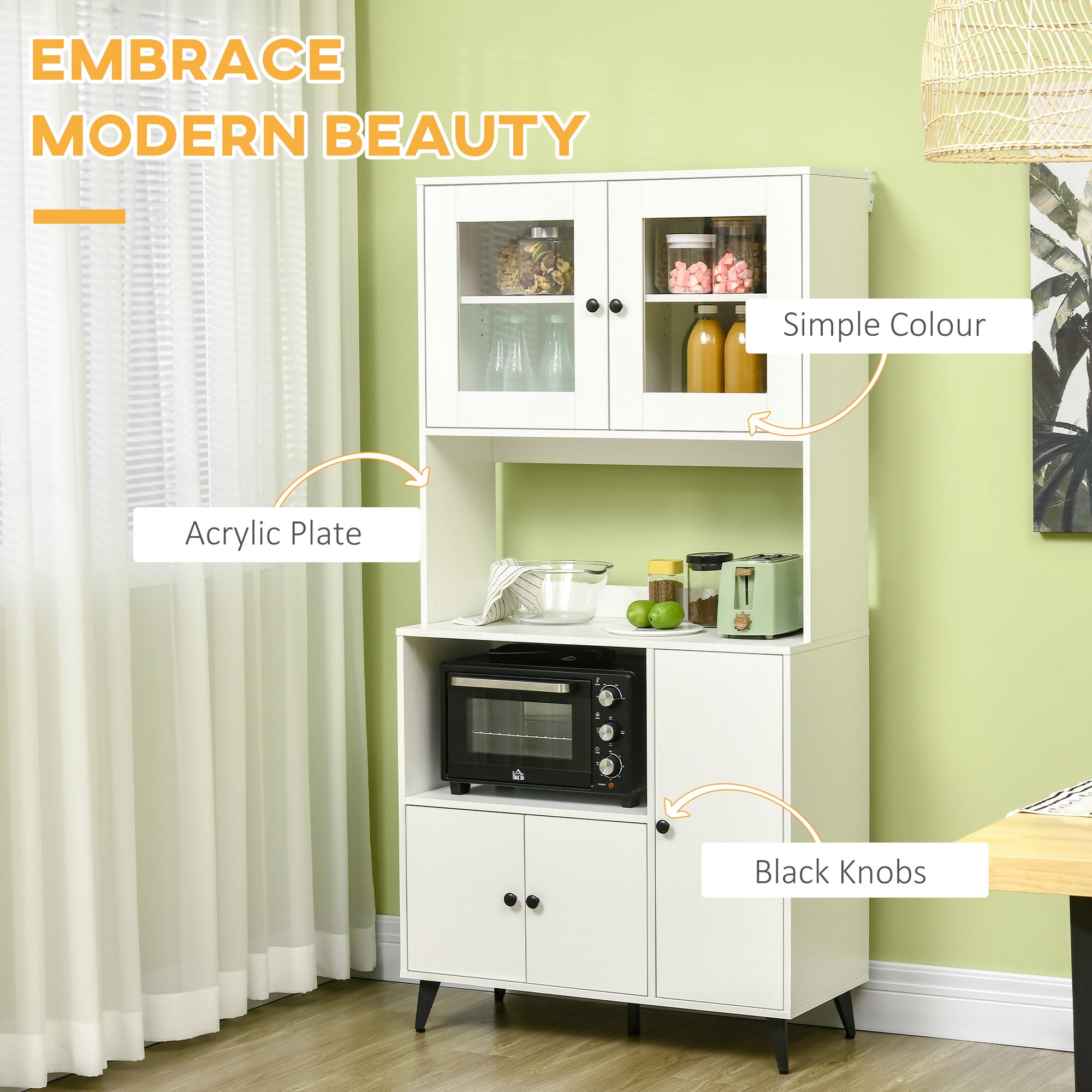 HOMCOM Freestanding Kitchen Cupboard, Modern Kitchen Storage Cabinet with Doors and Adjustable Shelves, 180cm, White - North Peak Garden Furniture