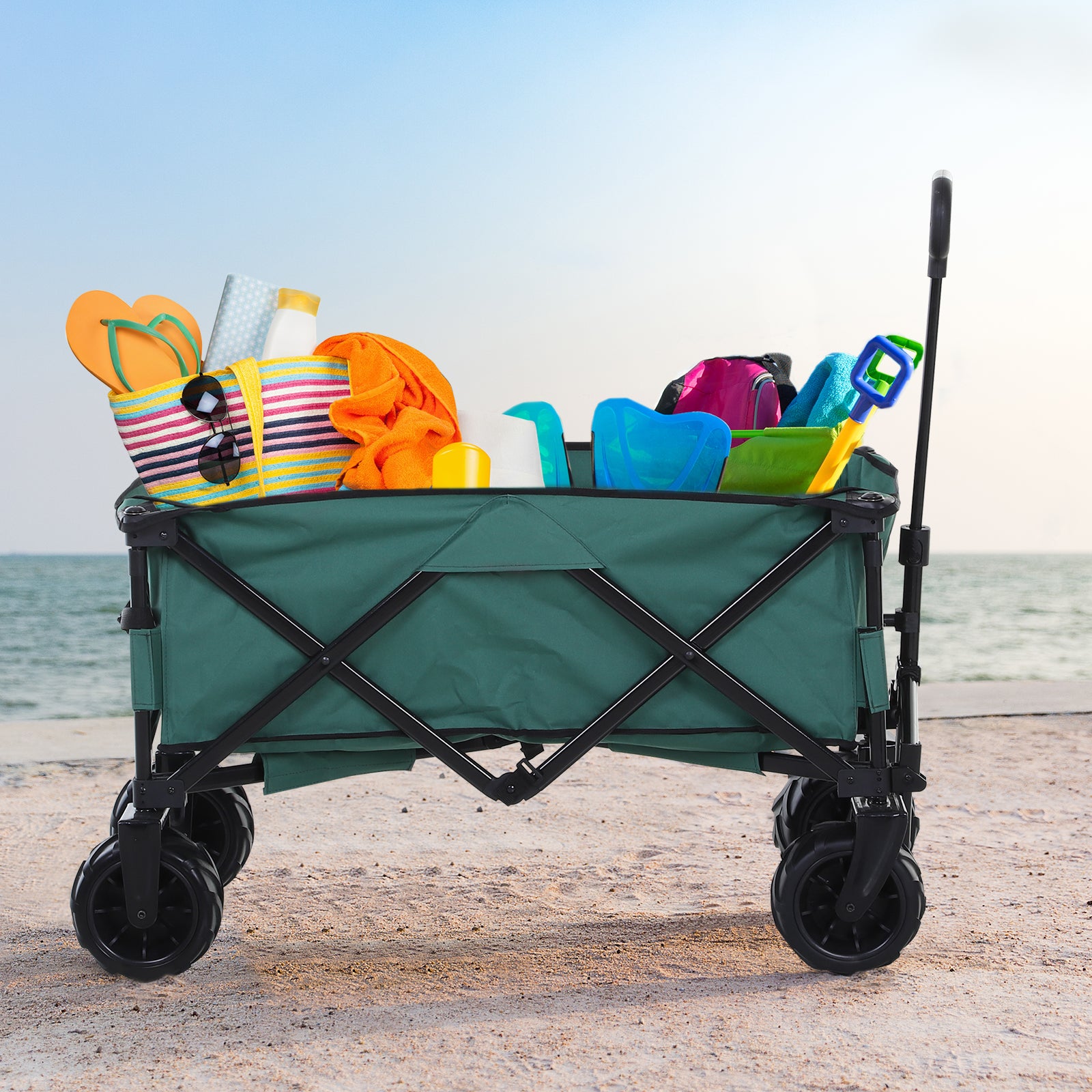 Outsunny Outdoor Folding Garden Trolley on Wheels, Pull Along Camping Cart, Cargo Wagon Trailer with Telescopic Handle, Big Wheels for Beach Garden, Green - North Peak Garden Furniture