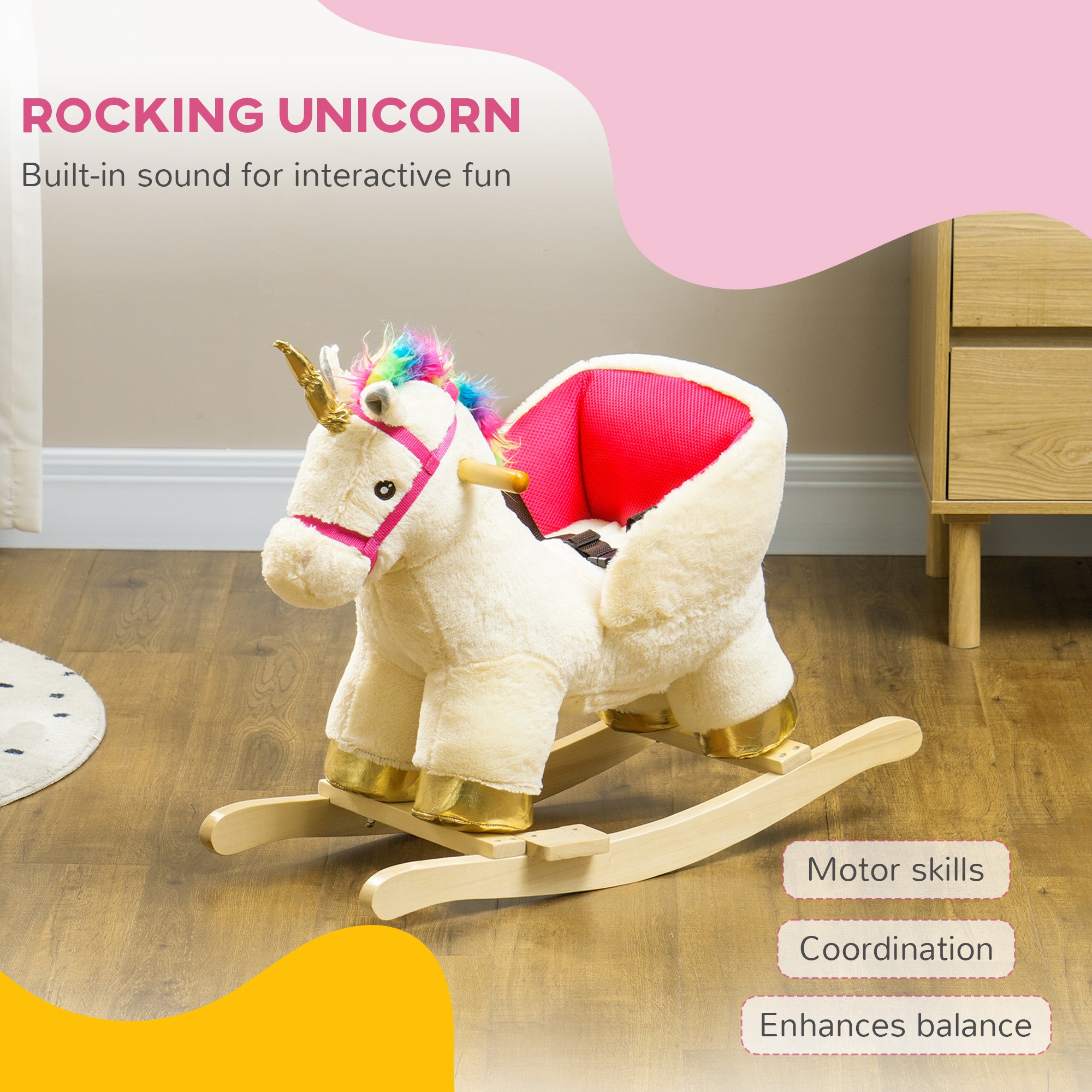 AIYAPLAY Kids Rocking Horse with Realistic Sounds, Safety Belt, Wooden Base, for Ages 18-36 Months, Cream White - North Peak Garden Furniture
