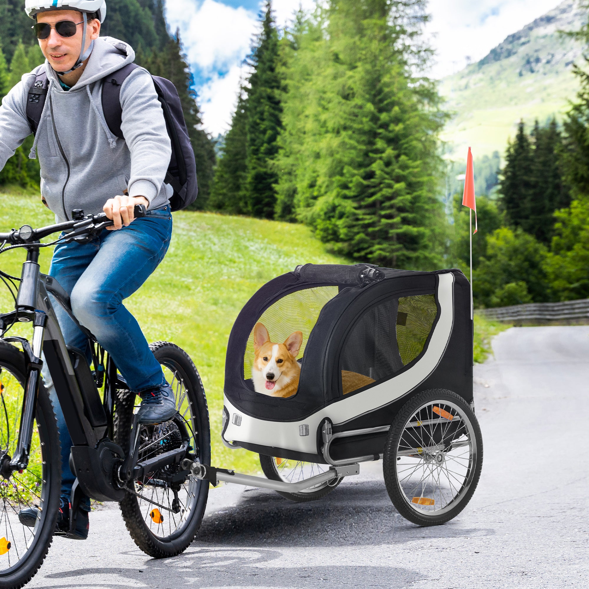 PawHut Steel Dog Bike Trailer Pet Cart Carrier for Bicycle Kit Water Resistant with Hitch Coupler Travel White and Black - North Peak Garden Furniture