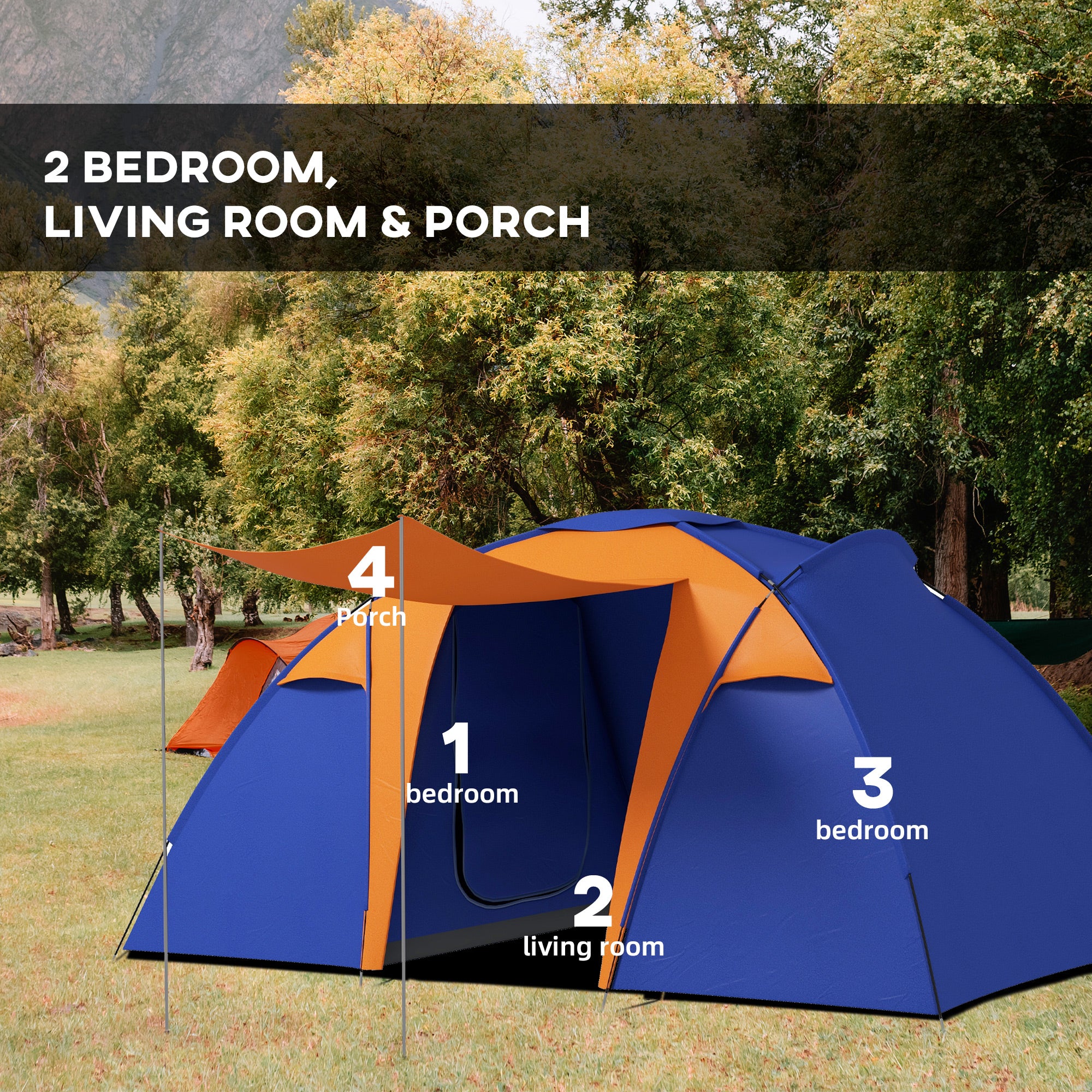 Outsunny Camping Tent with 2 Bedroom, Living Area and Porch, 4-6 Man Large Tunnel Tent, 2000mm Waterproof, Portable with Bag