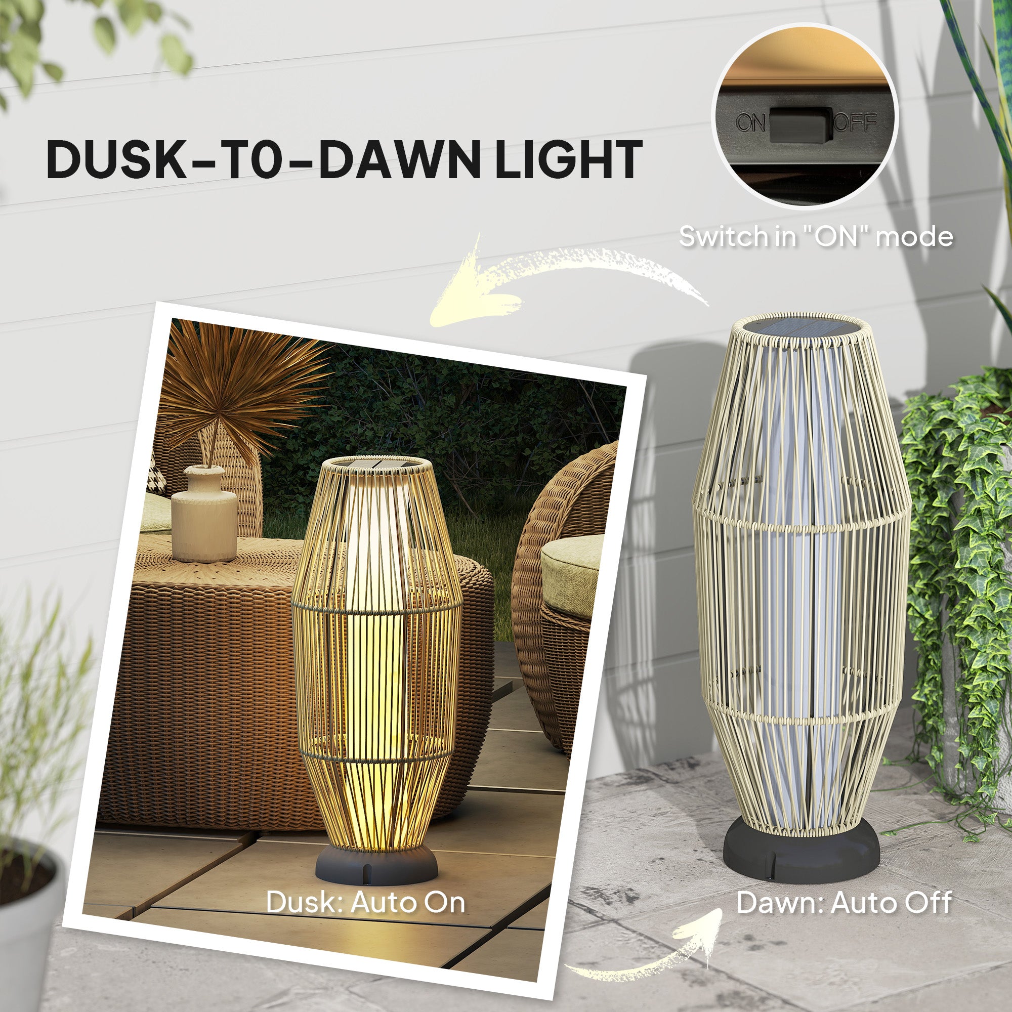 Outsunny Garden Rattan Lamp, 72 cm Tall Solar Rattan Floor Lamp, Solar Garden Light with Auto On/Off LED, IP44 for Outdoor, Porch, Pathway, Terrace, Grey - North Peak Garden Furniture