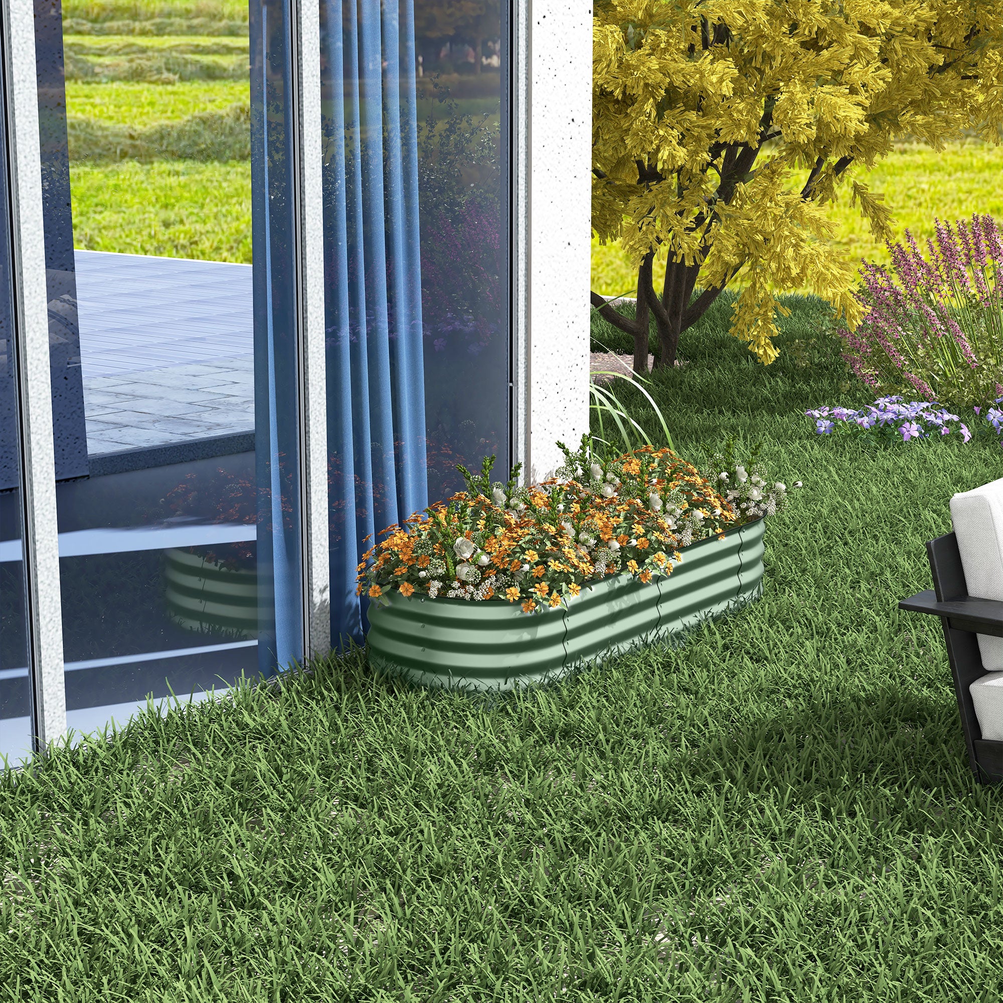Outsunny Galvanised Raised Garden Bed, Metal Planter Box with Safety Edging, for Flowers, Herbs, Succulents, Green