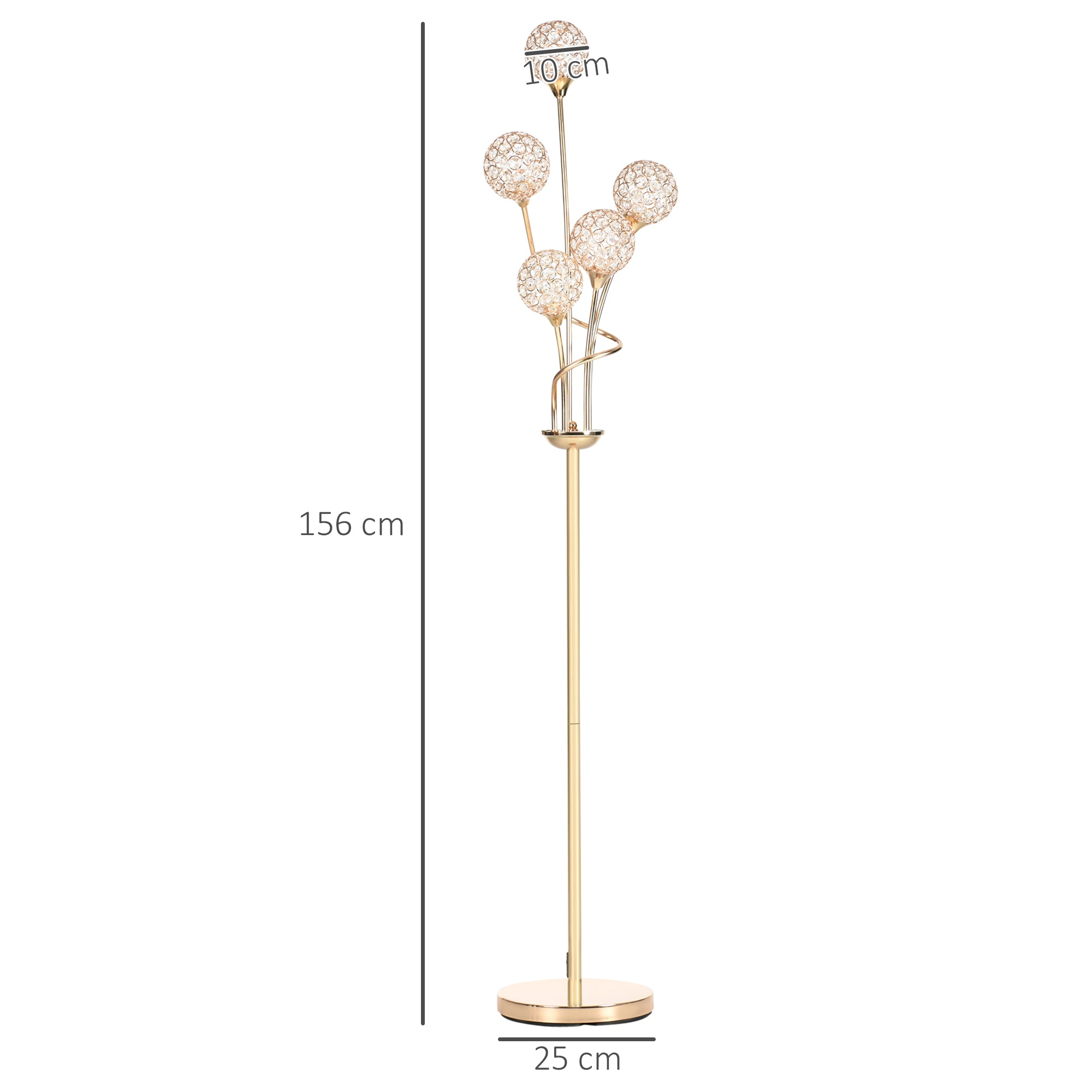 HOMCOM Crystal Floor Lamps for Living Room Bedroom with 5 Light, Modern Upright Standing Lamp, 34x25x156cm, Gold Tone