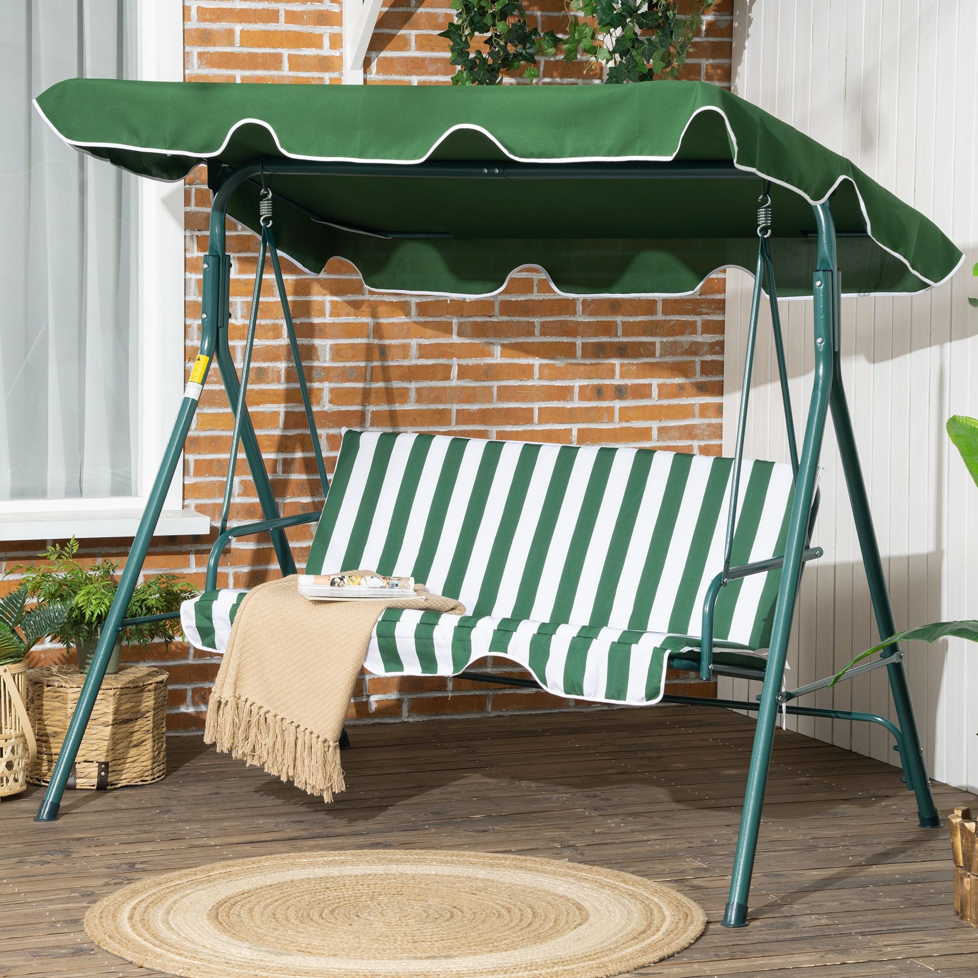 Outsunny 3-Seat Swing Chair Garden Swing Seat with Adjustable Canopy for Patio, Green - North Peak Garden Furniture
