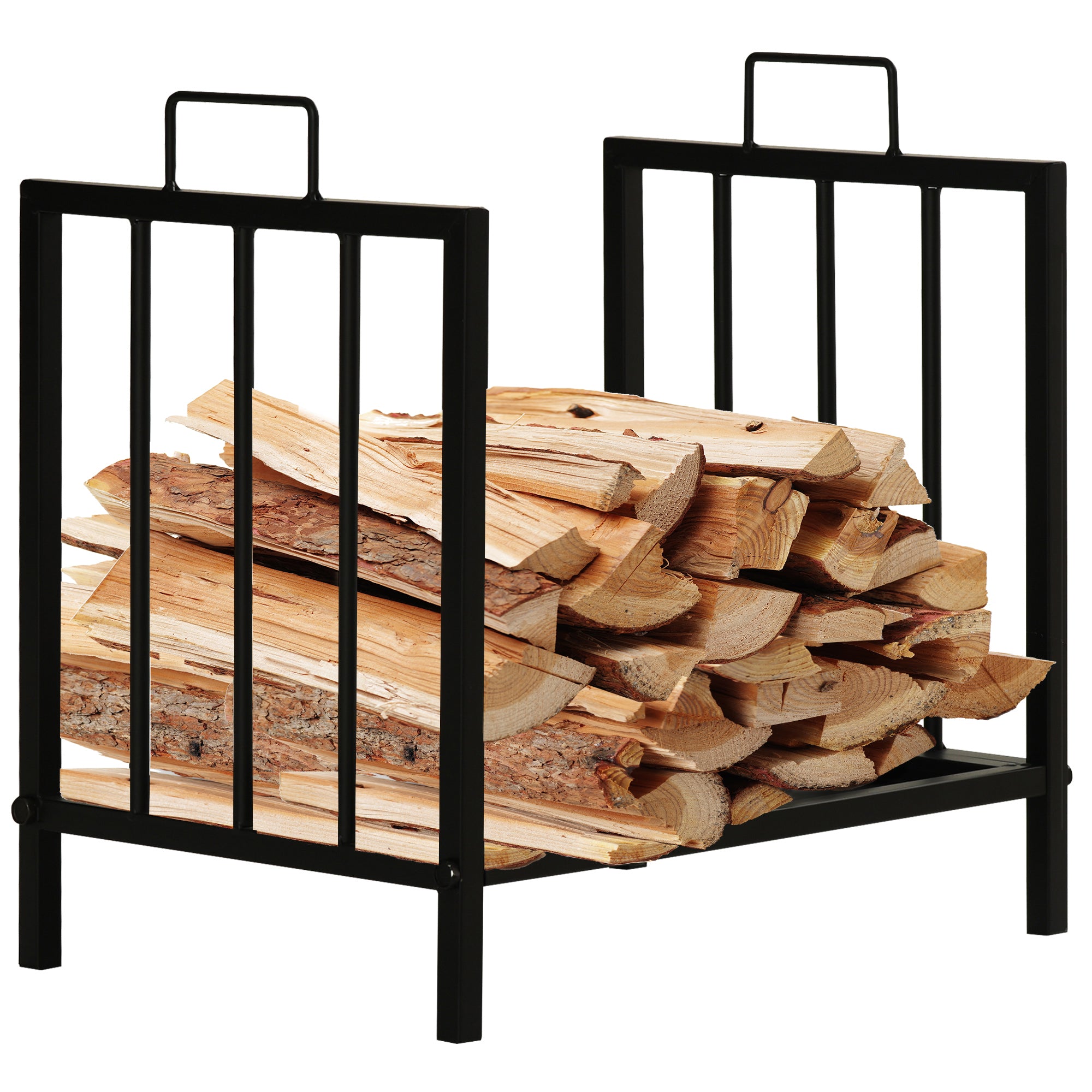 Outsunny Metal Firewood Log Holder Indoor Outdoor Firewood Rack Fireplace Wood Storage Shelf w/ Handles, Rust-Resistant, Black, 39L x 32.5W x 46Hcm - North Peak Garden Furniture