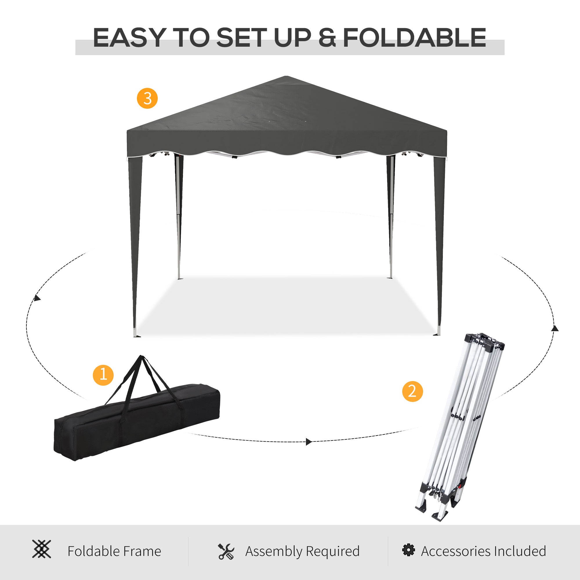 Outsunny 3 x 3cm Adjustable Height Pop-Up Gazebo, with Bag - Grey