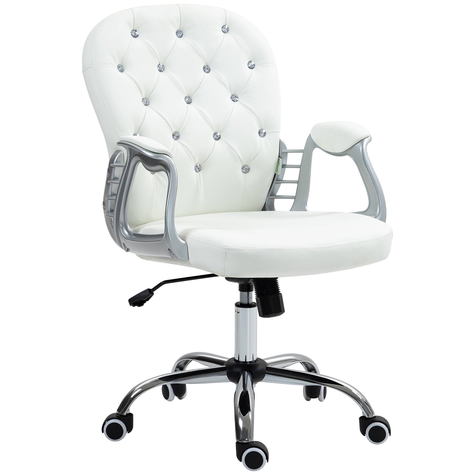 Vinsetto Office Chair Ergonomic 360° Swivel PU Diamante Padded Base 5 Castor Wheels for Home Work White - North Peak Garden Furniture