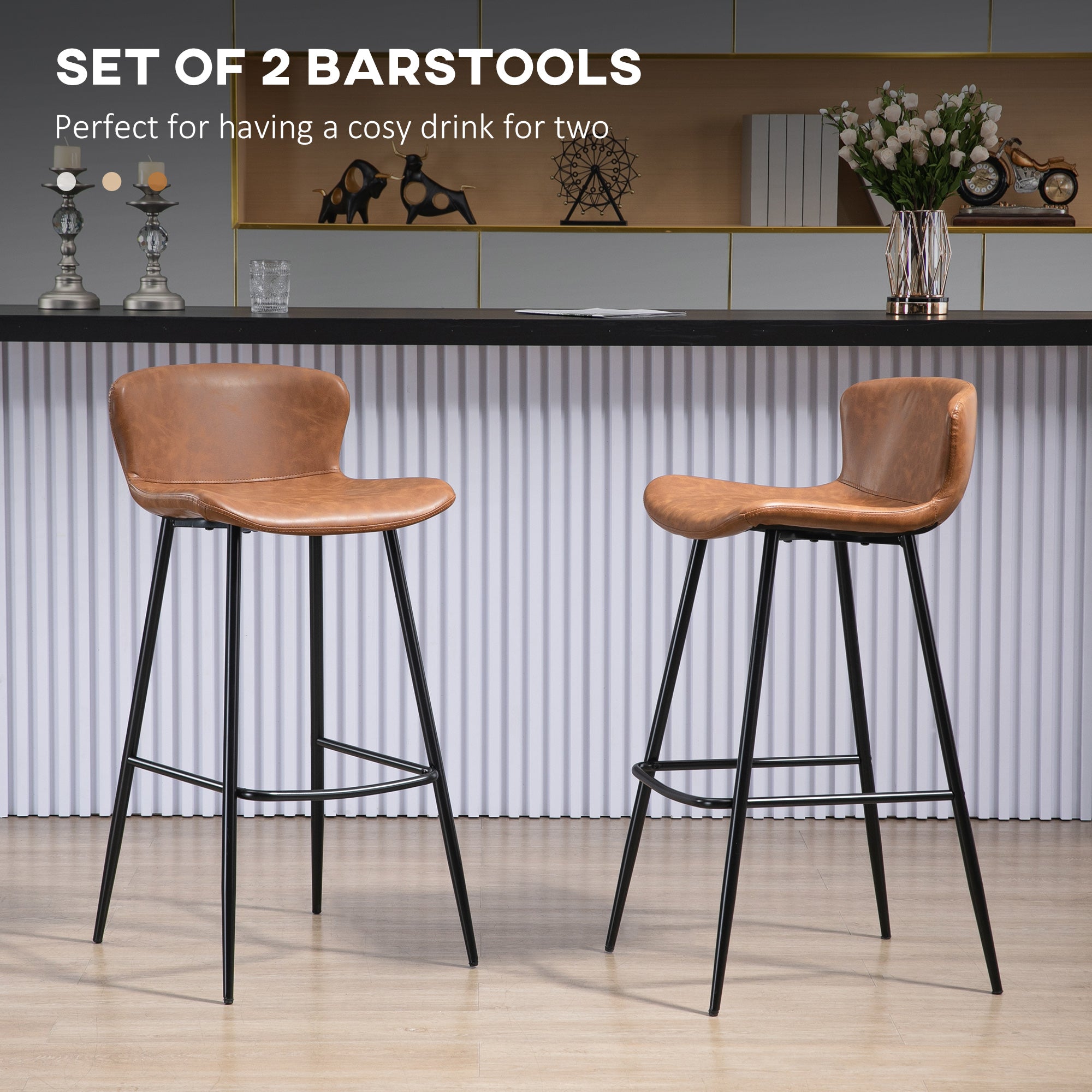 HOMCOM Bar Stools Set of 2, PU Leather Upholstered Bar Chairs, Kitchen Stools with Backs and Steel Legs for Dining Room, Brown - North Peak Garden Furniture