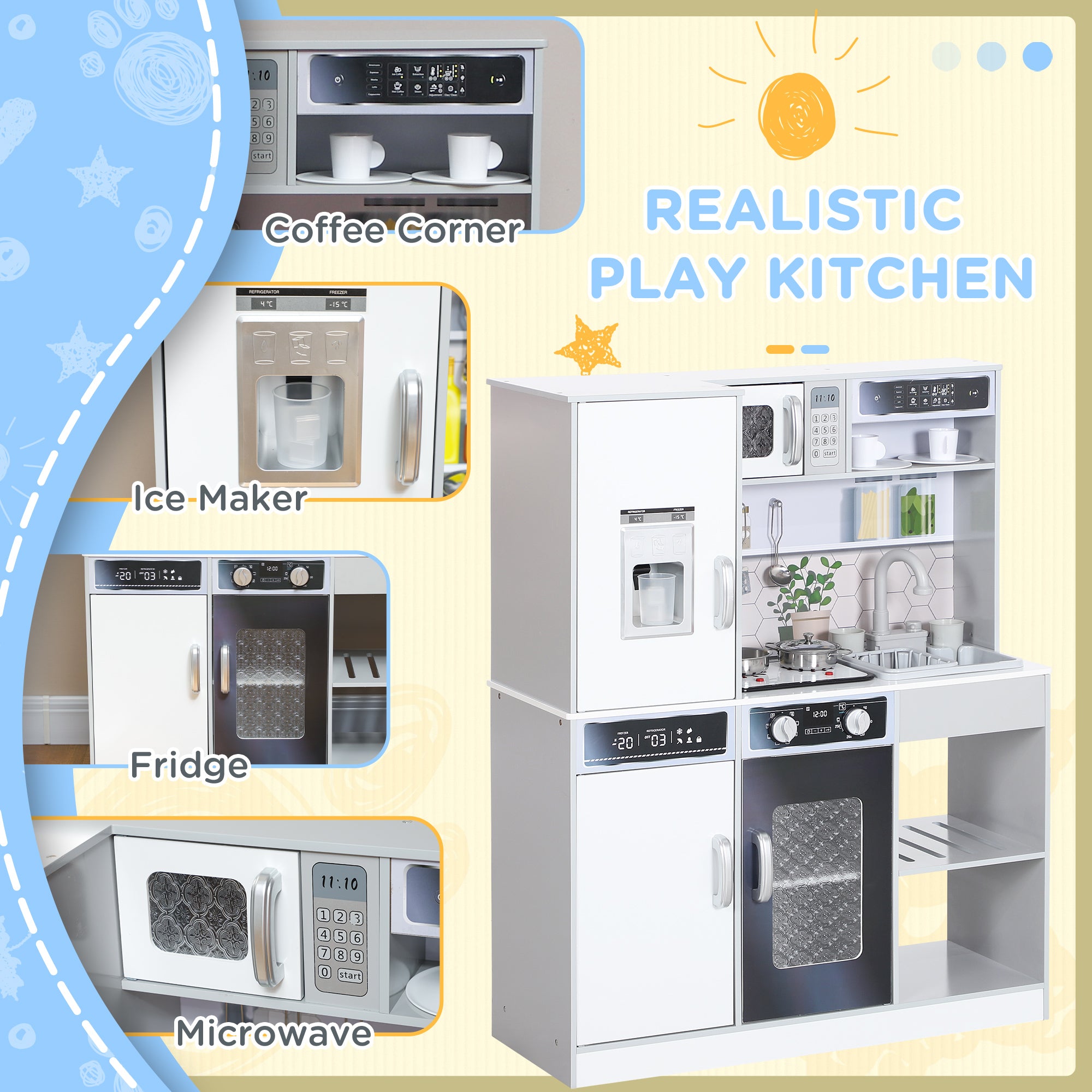 AIYAPLAY Pretend Play Toy Kitchen, Kids Kitchen Playset w/ Sounds and Lights Running Water, Coffee Maker, Refrigerator