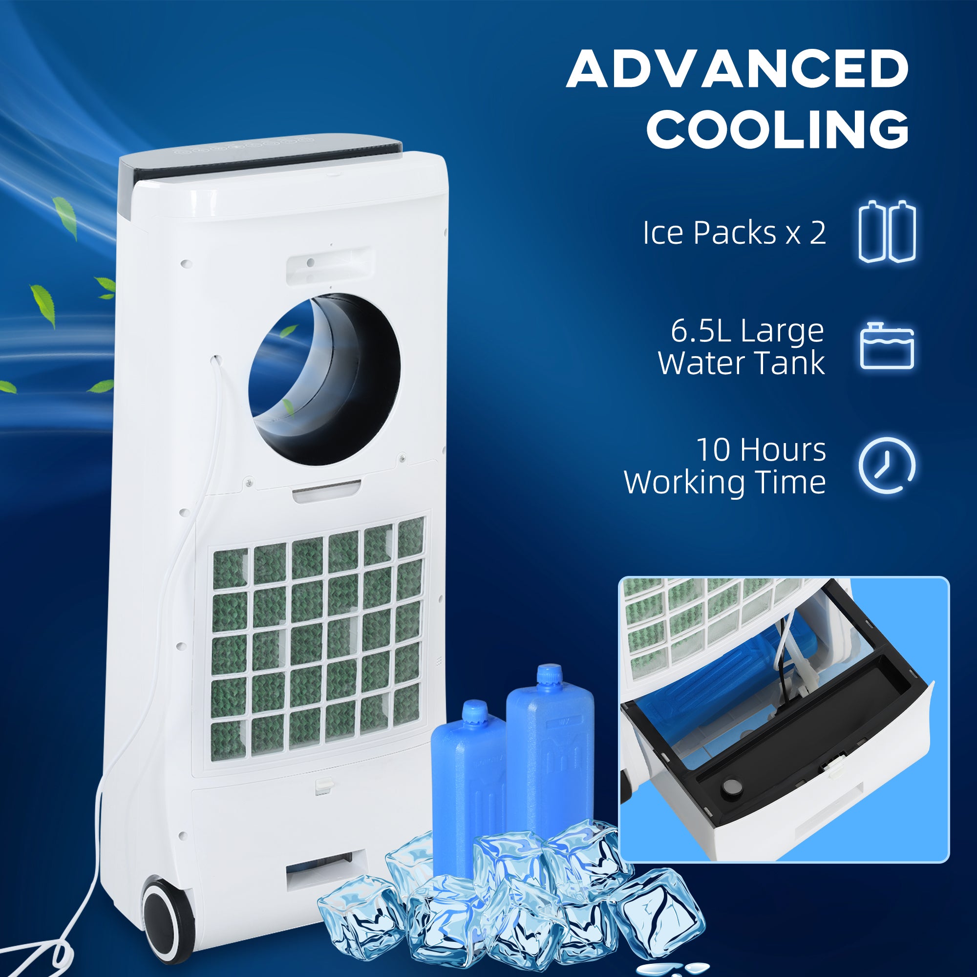 HOMCOM Evaporative Air Cooler, 6.5L 4-in-1 Bladeless Portable Cooler, Fan, Humidifier, Air Clean with Oscillation, 3 Speeds, 24H Timer, Sleep Mode, 2 Ice Packs, Wheels, Remote, for Home Office - North Peak Garden Furniture